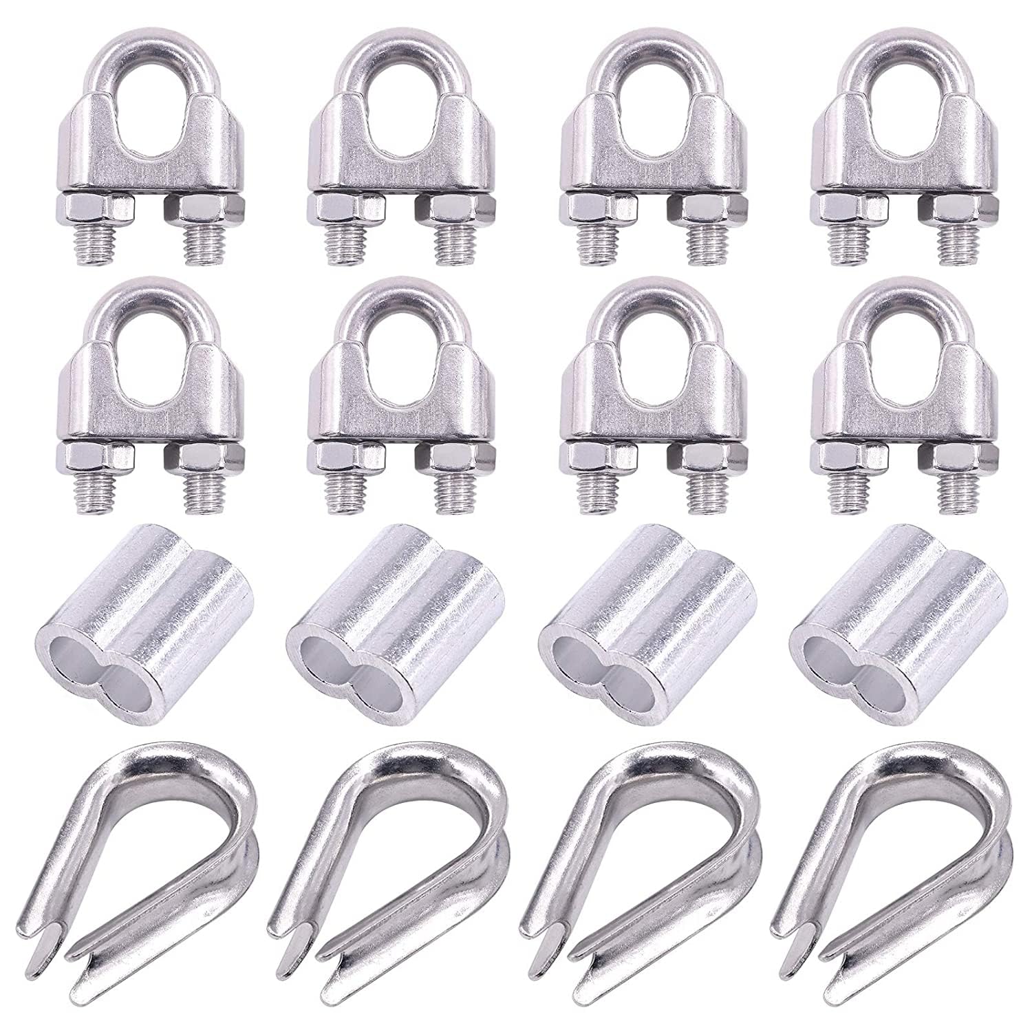 Morsetti per Fune 16 Pz 304 Morsetti for Cavi in ​​​​Acciaio Inossidabile for Ditale e Kit di assortimento Maniche a crimpare in Alluminio M10