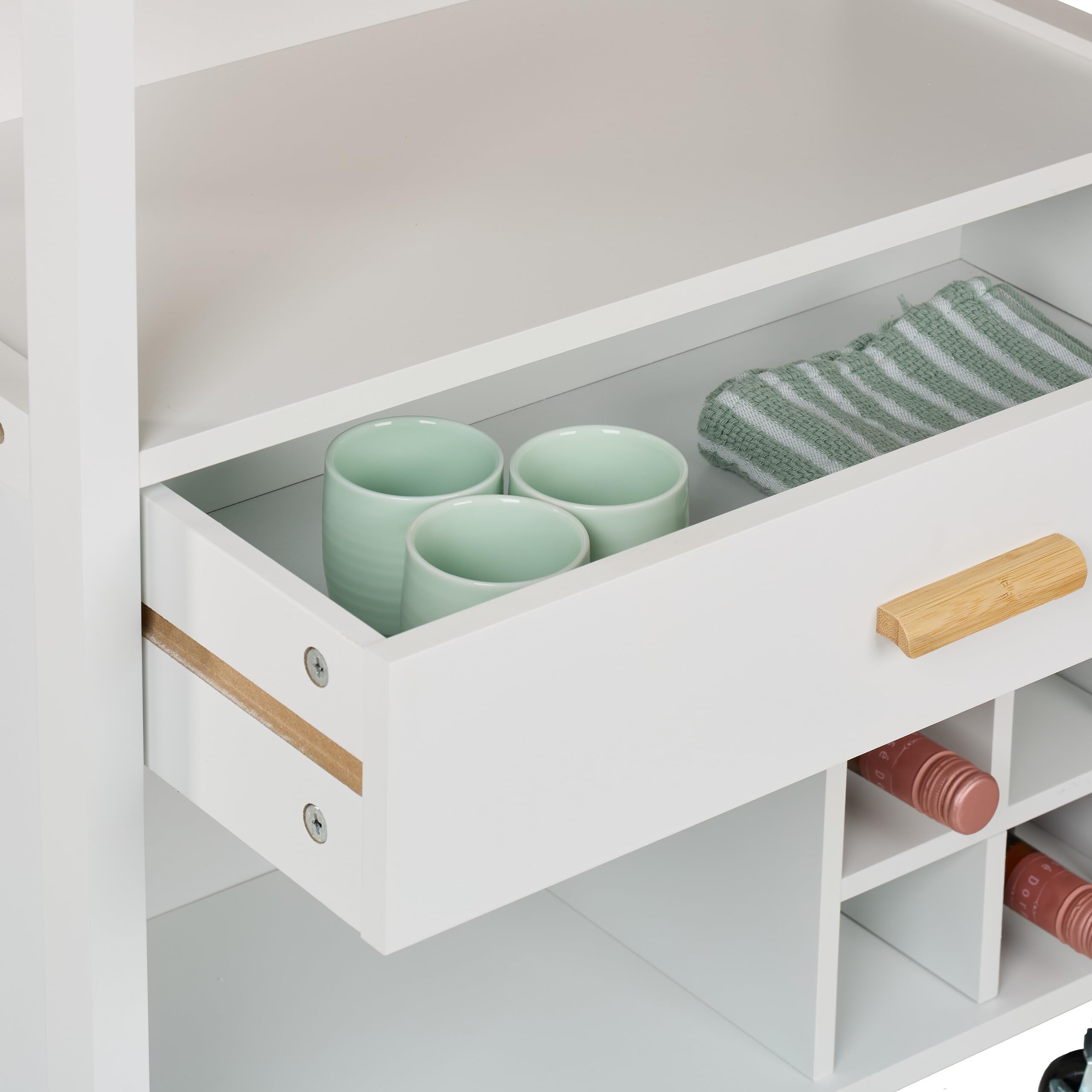Relaxdays Desserte de Cuisine, pour 6 Bouteilles, tiroir spacieux, Plan de Travail, 80 x 65 x 35 cm, Blanc et Nature