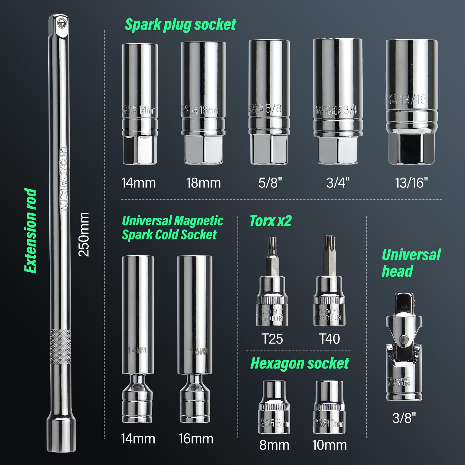 Llave dinamométrica 3/8”, 5-60Nm Llave de torque para bicicleta y motocicleta, Auto Set, ±3% de precisión de error, con barra de extensión, Funda magnética para bujías (10-60Nm (14 piezas))