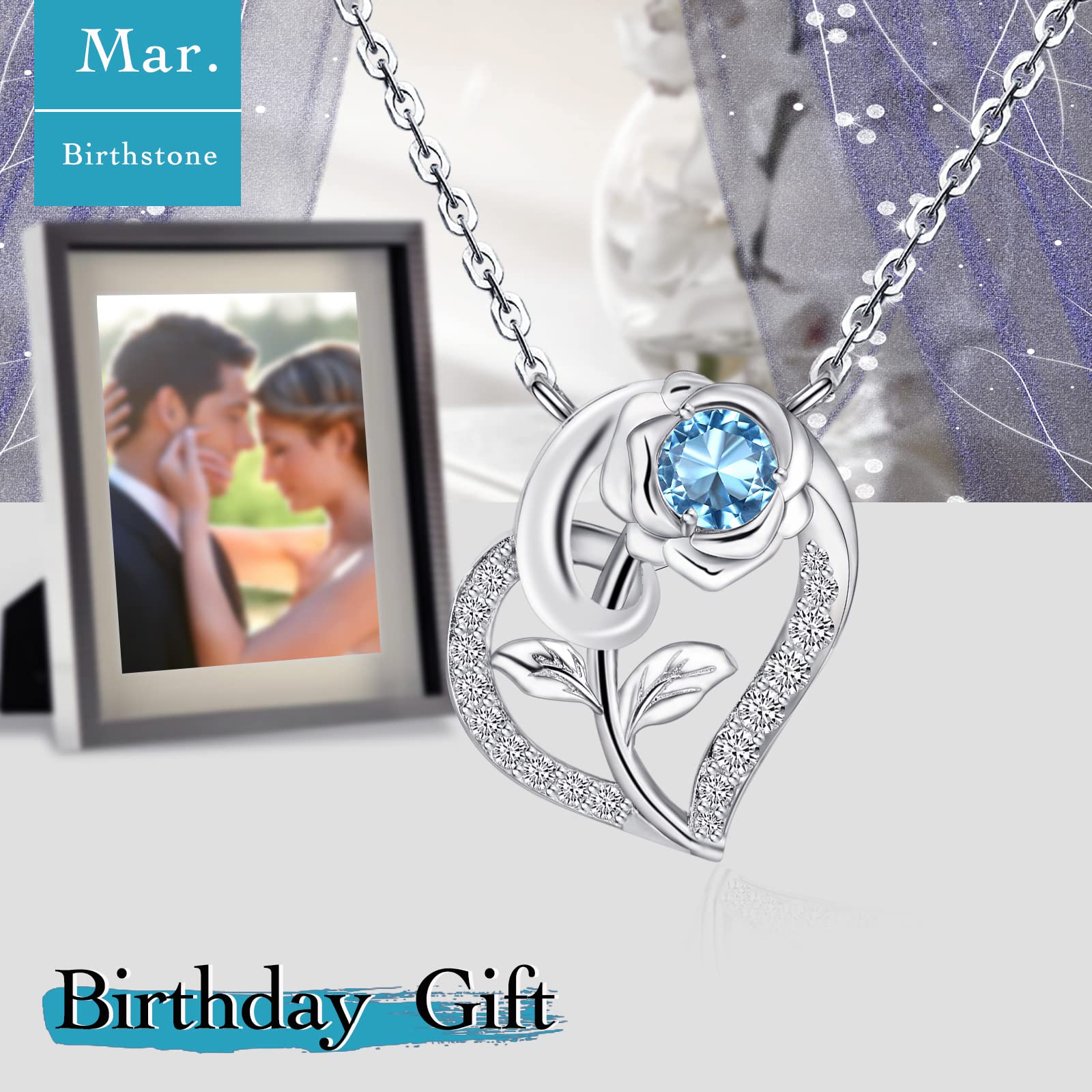 Qings Collar Muje de Corazón Piedras Nacimiento Plata de Ley 925 Collars Rosa Flor Colgante con 5A Circonita Dia de la Madre San Valentin Navidad Joyeria Regalo para Madre Hija Niñas