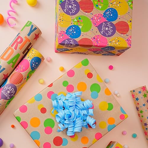 Miniatura 5 de BIOBROWN Papel de regalo en rollo Kraft con diseño de lunares coloridos, perfecto para envolver regalos de cumpleaños y festividades. Medidas 17