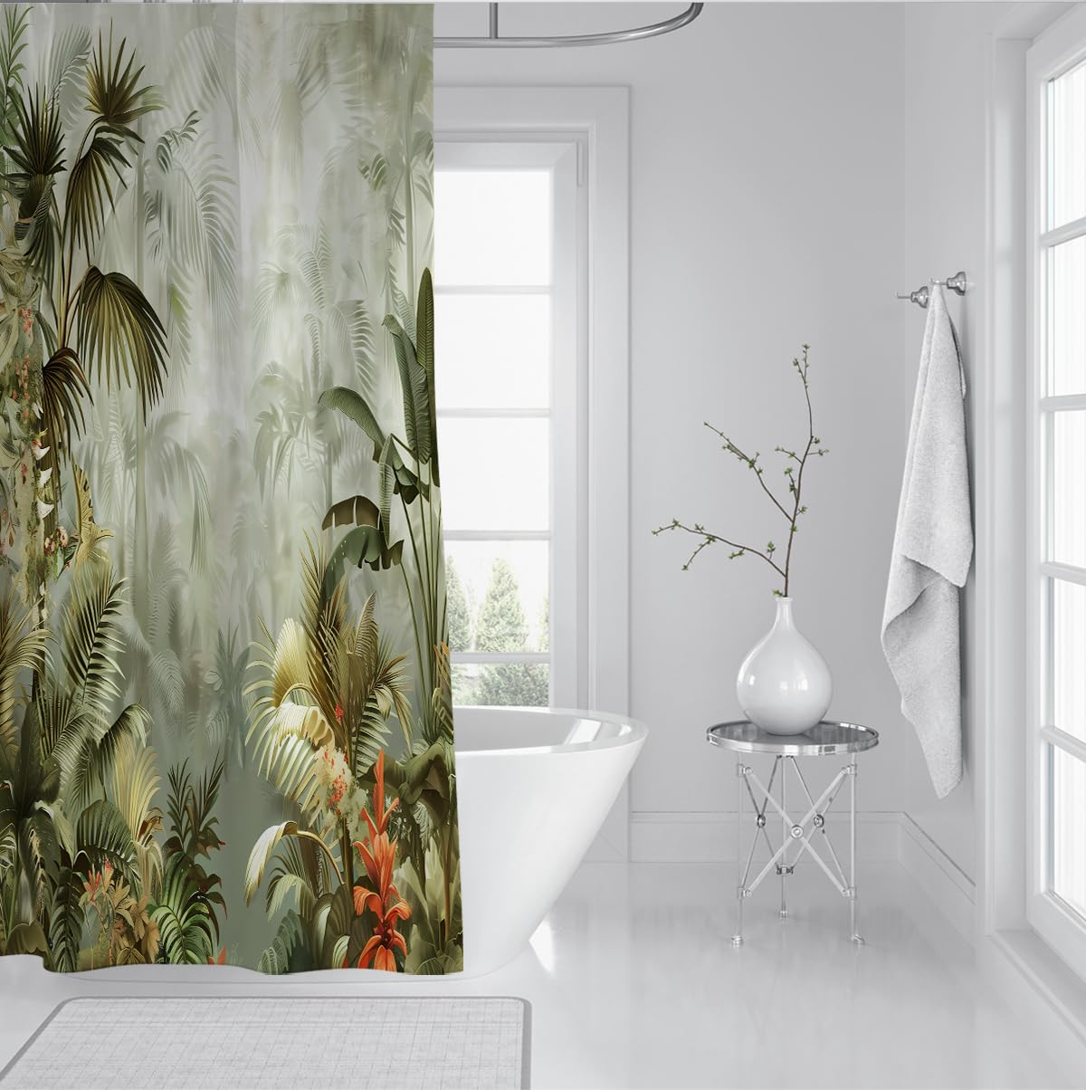 Rideau de Douche Jungle forêt Tropicale Feuilles Palmier 200 x 220 cm