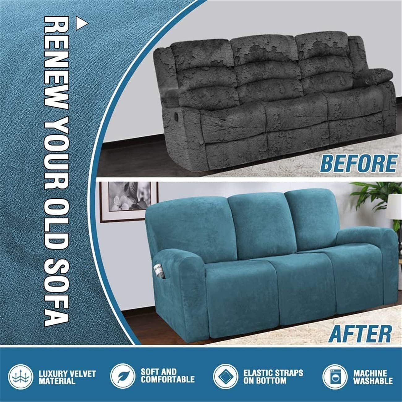 Luxury Velvet Recliner Sofa Cover Stretch Recliner Slipcover Super Soft Reclining Couch Cover Recliner Chair Cover with Side Pocket for Kids and Pets (Color : Peacock Blue, Size : 3 Seater