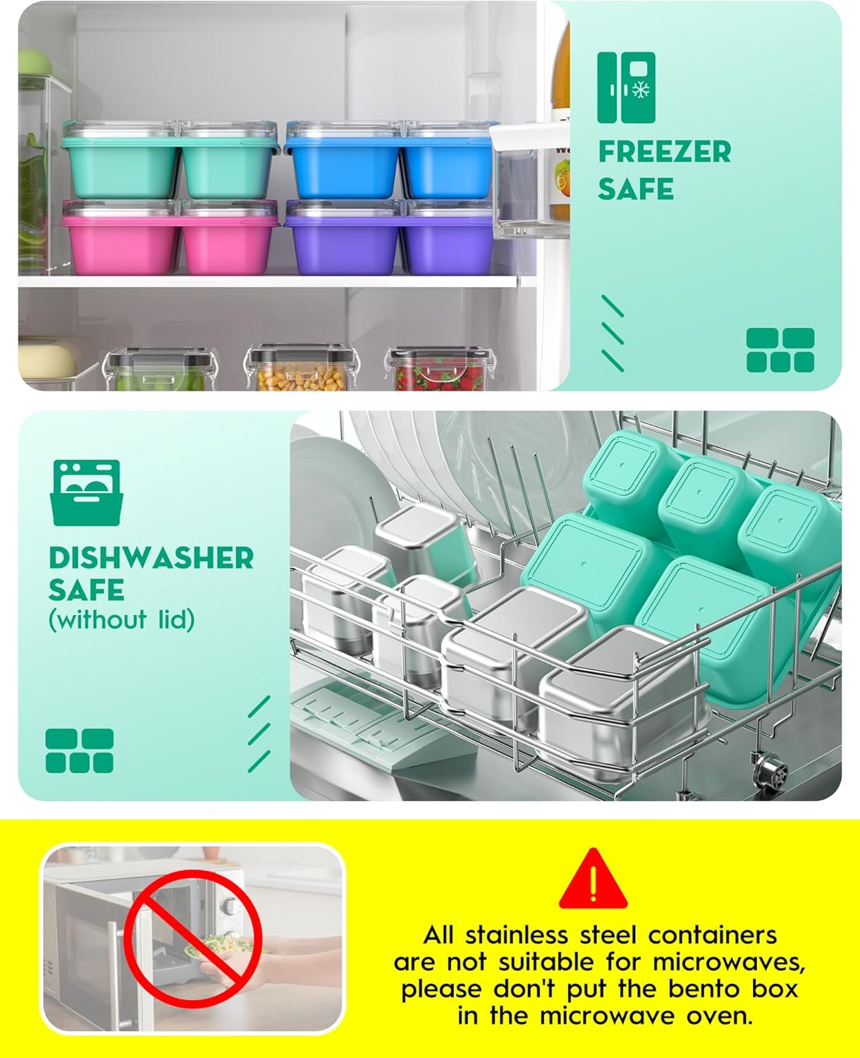BiuLeon Snackle Box Containers, Stainless Steel 5 Compartments Divided Serving Tray with Lid, Removable LeakProof Portable Bento Box for Fruit Candy Nuts Food - School, Picnic and Travel（Green）