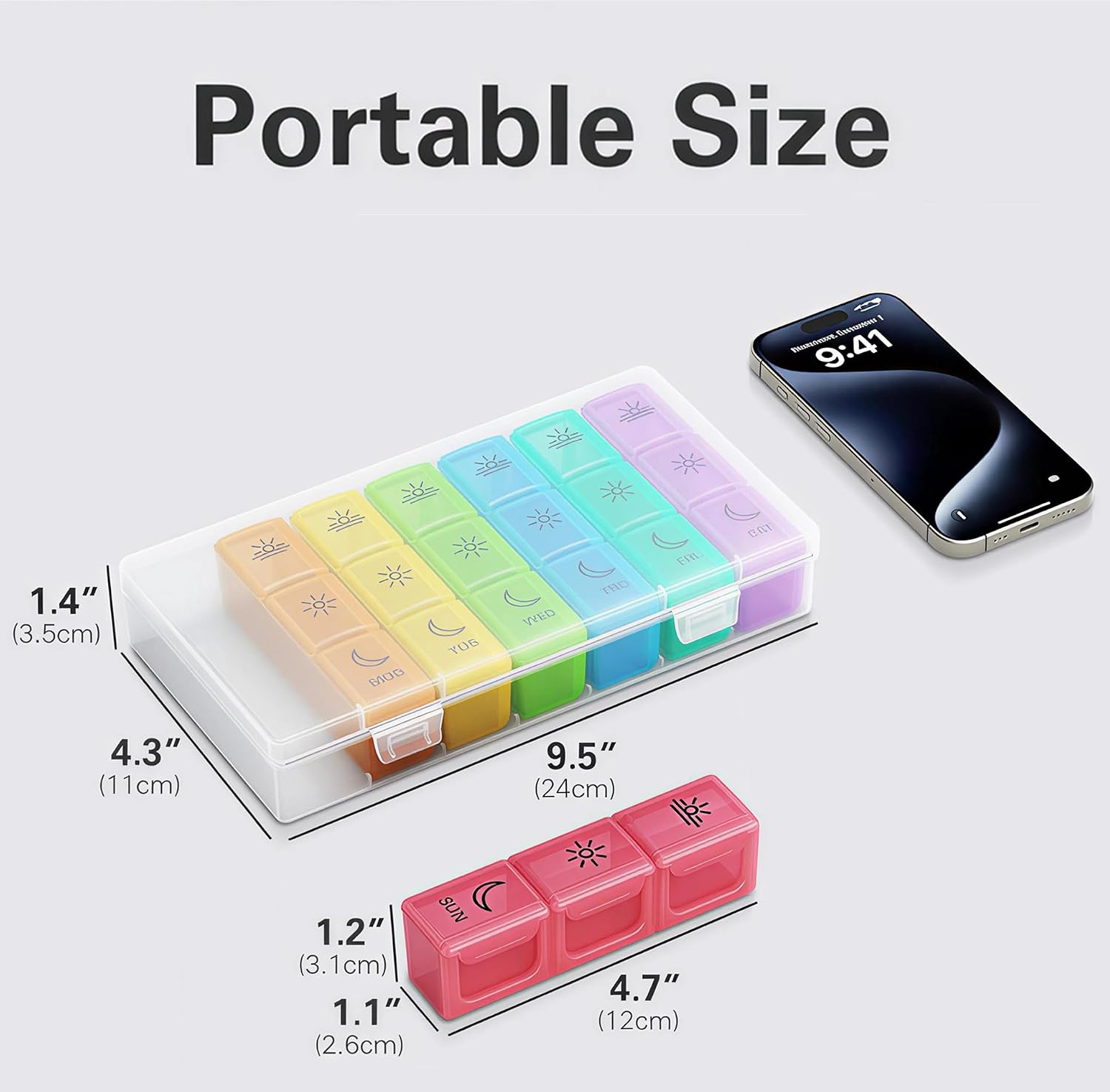 BUG HULL Pill Organizer 3 Times a Day, Weekly Pill Organizer 3 Times a Day, 7 Day Pill Box Cases Morning Noon Evening, Medicine Pill Organizer for Vitamin, Cod-Liver Oil, Supplements (Rainbow White)
