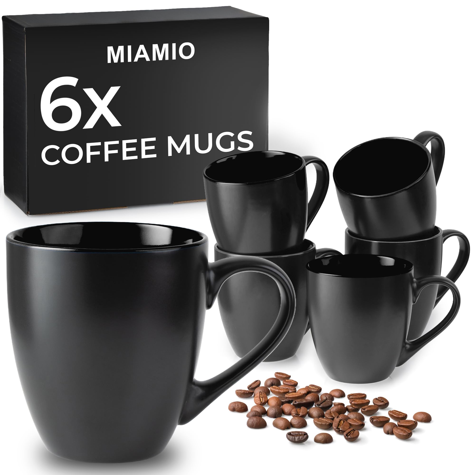 MIAMIO - 6 x 350 ml Stoneware Coffee Mug/Cup Set - Le Papillon Collection (Black)