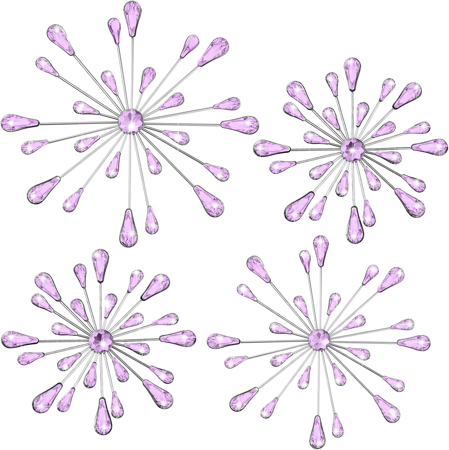 Hicarer 4 Pcs Starburst Wall Decor Bling Wall Art Crystal Teardrop 3D Hanging Rhinestone Radial Metal Artwork Modern Accent Sculptures Decorations for Living Room Home Office Bedroom(Purple)