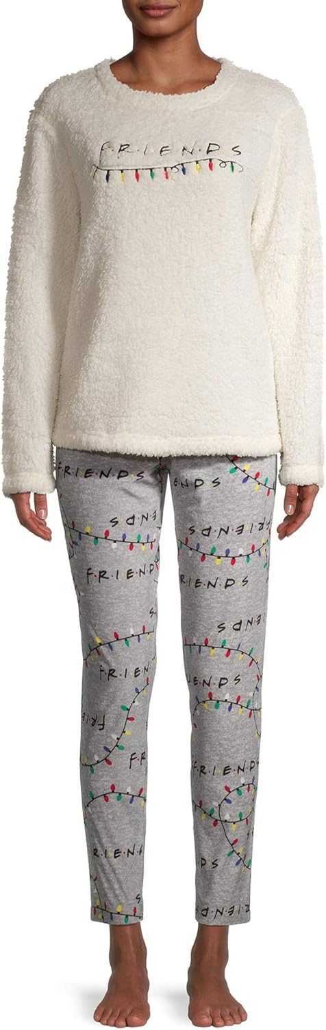 Women's Friends Christmas Plush Pajamas 2 Piece Pajama Set (3X) Winter White