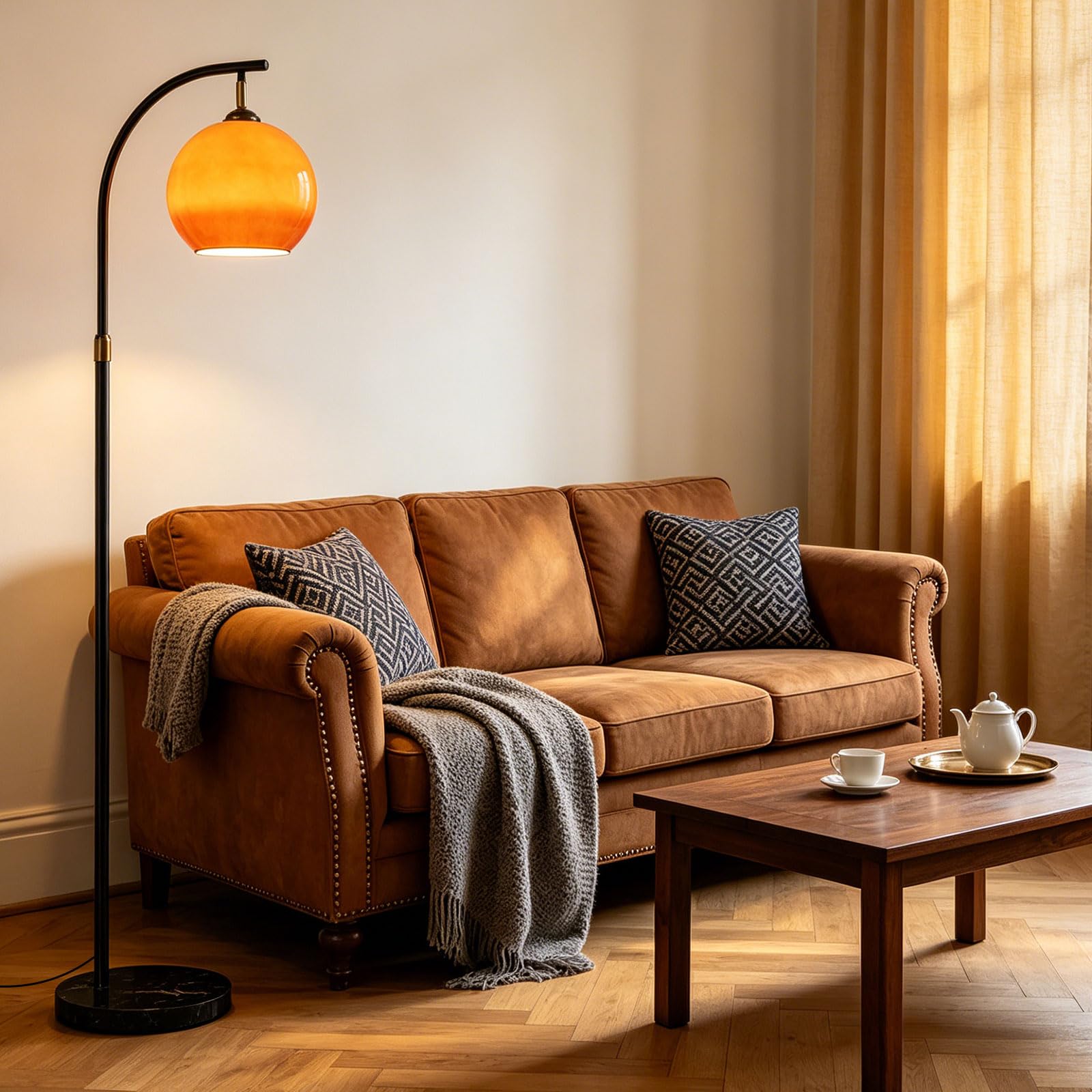 Lampe Sur Pied Arc Mid-Century Modern Orange, Hauteur Réglable, Globe En Verre, Douille E27, 3 Températures, Base En Marbre, Pour Salon, Chambre Ou Bureau (Ampoule Incluse)