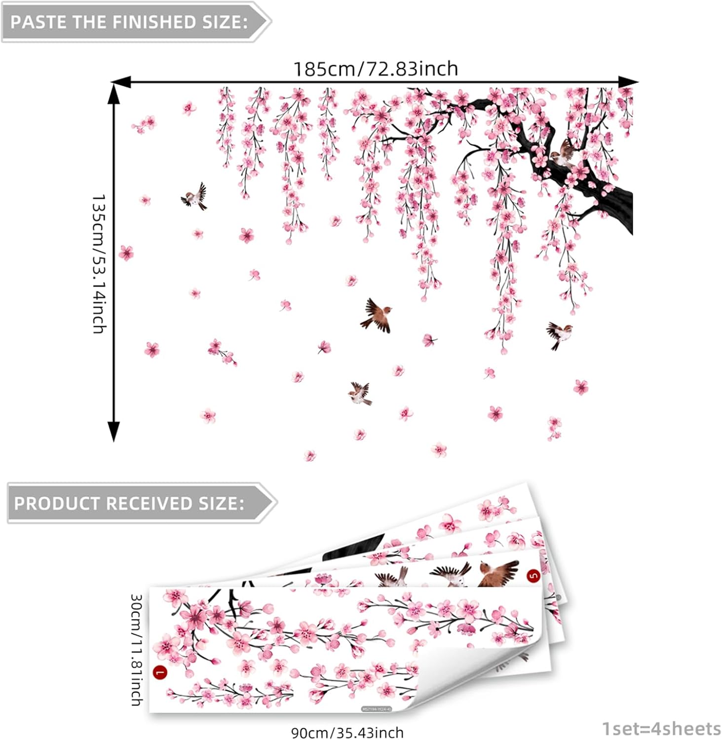 Lilac Wall Decoration Large Cherry Blossom Tree Wall Stickers, 4 Sheets Spring Pink Flower Bird Wall Decals Peel and Stick Wall Murals Decor for Living Room Bedroom (Pink, 11.8 * 35.4inch)