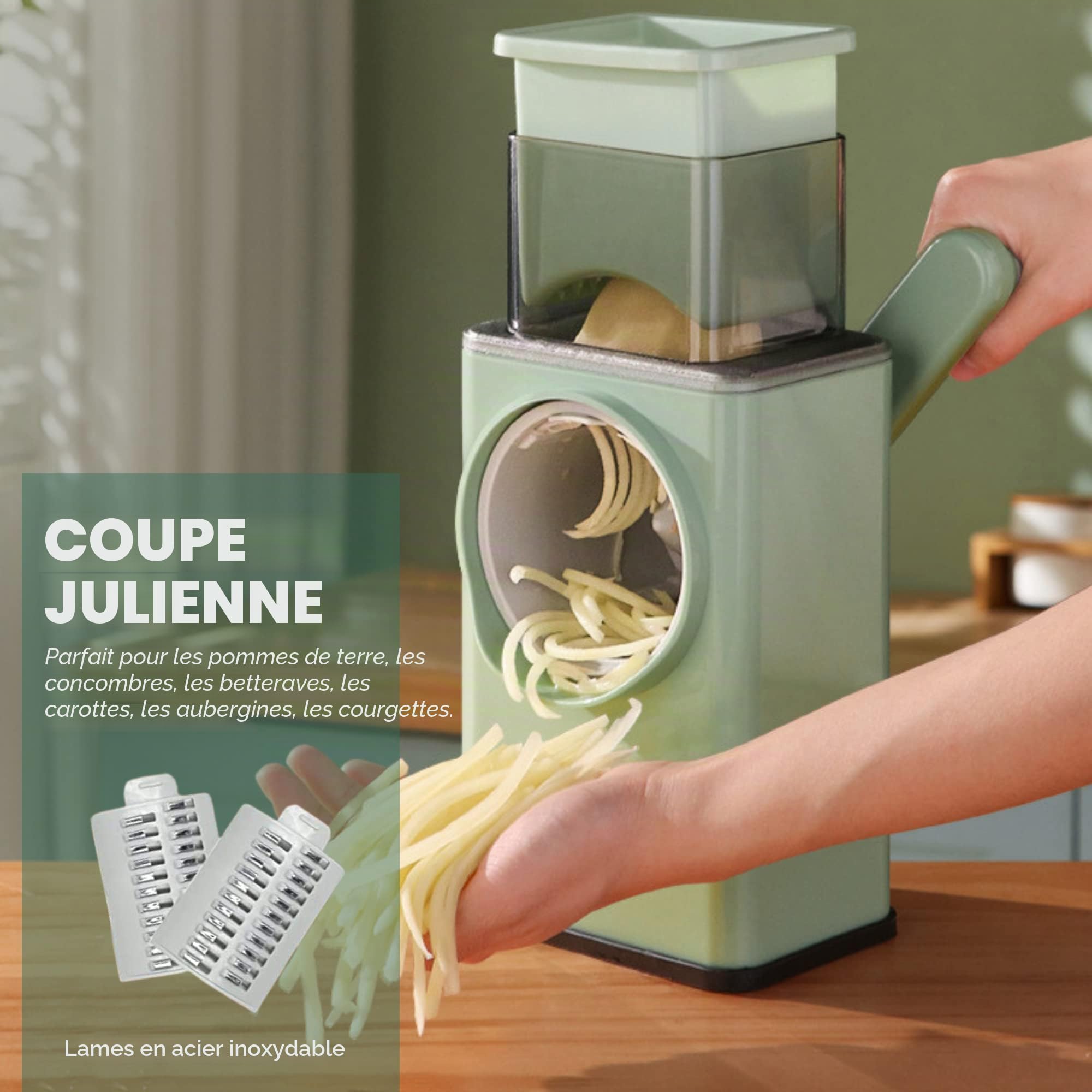 Râpe à Légumes 3 en 1. Mandoline de Cuisine Multifonctionnelle. Tambour Coupe-Légumes, 3 Lames en Acier Inoxydable. Râpe à Fromage, Hachoir à Pommes de Terre (Haché, Tranché, Julienne).