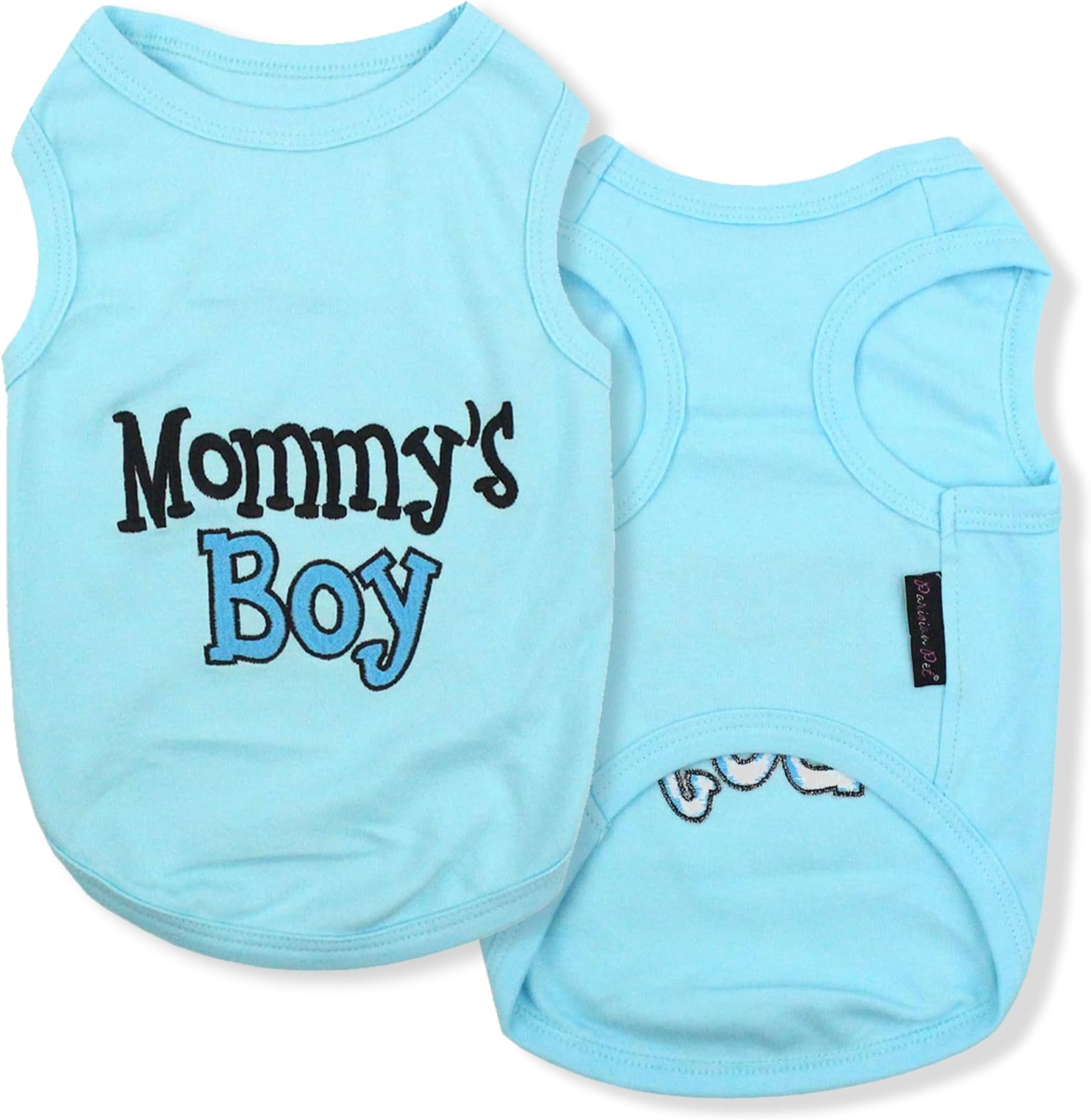 Parisian Pet Dog T-Shirt with Embroidered 'Mommy’s Boy' Words - 100% Cotton Boy Dog Shirts - Breathable Mamas Boy Dog Shirt - Machine Washable Dog Clothes for Medium-Sized Dogs, M