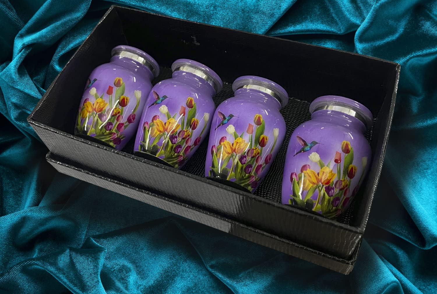 BOLD & DIVINE Cremation Urns for Human Ashes - Decorative Aluminum Urns for Human Ashes Female & Male, Purple Hummingbird Pattern Funeral Urns with 4 Small Keepsakes