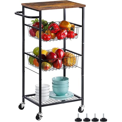 Kitchen Storage Cart on Wheels 4 Tier Rolling Storage Cart with Mesh Wire Basket and Handle Utility Storage Trolley Serving Cart with Wooden Tabletop for Small Space Dining Room Bathroom Rutic Brown