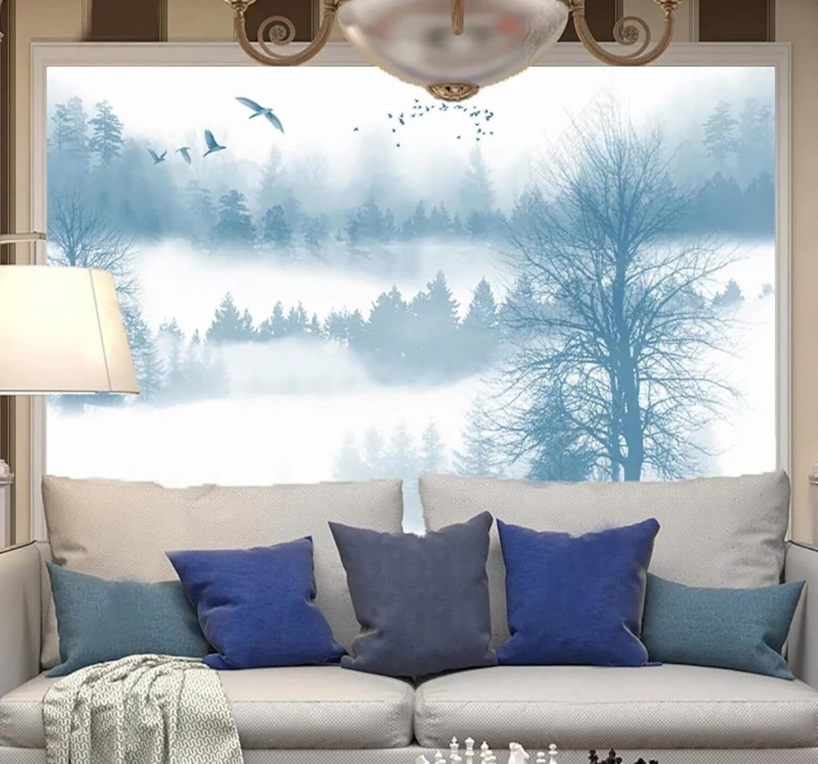 XLMING Cartoon Ink Wash Blue Forest Birds in Flight 3D Wallpaper Silky Texture Home Study Office Grey Dining Room Sofa Bedroom Living Room TV Backdrop-400cm×280cm