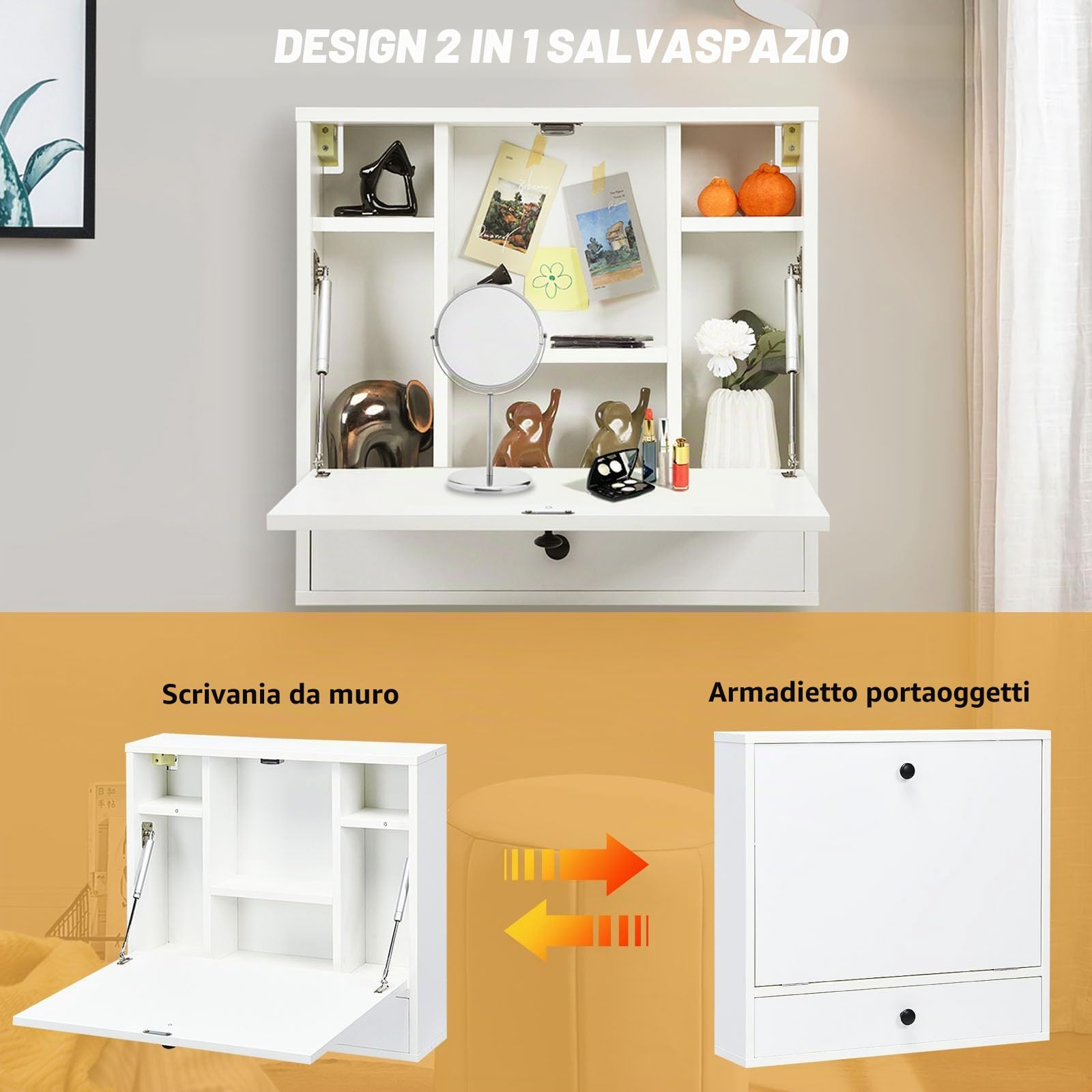 LIFEZEAL Scrivania da parete, tavolo pieghevole poco ingombrante, scrivania sospesa pieghevole con cassetti e ripiani, tavolo da parete per ufficio, camera da letto, studio, 60 x 15 x 57 cm (bianco)
