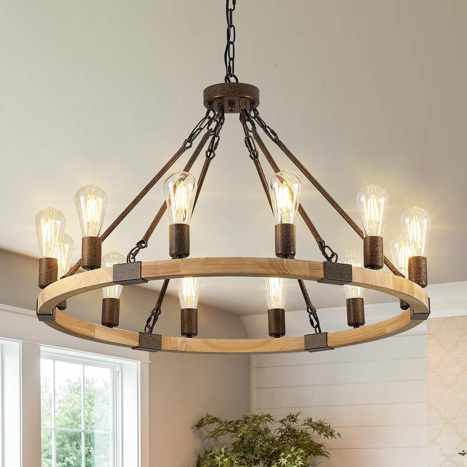 Farmhouse Wagon Wheel Chandelier 31" Wooden Rustic Light Fixtures 12-Light Wood Round Chandelier for Dining Room Living Room Entryway Foyer 12-Light 31.5 inch Natural