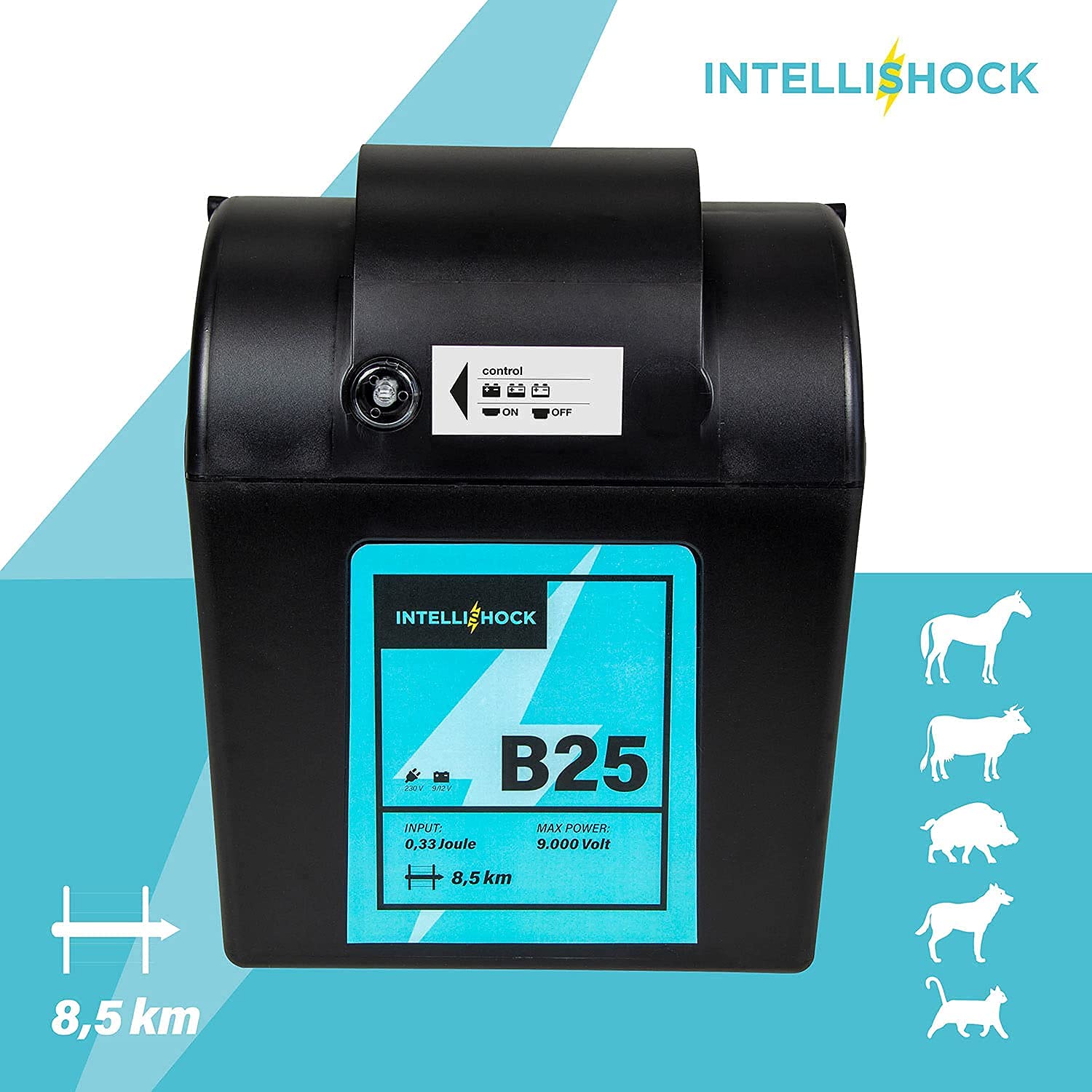 B25 Électrificateur de clôture électrique duale 9V/12V/230V, puissance de 0,33 J, tension de 9 000 V, longueur de clôture pouvant atteindre 5 km, chevaux, le bétail, les chiens, volaille