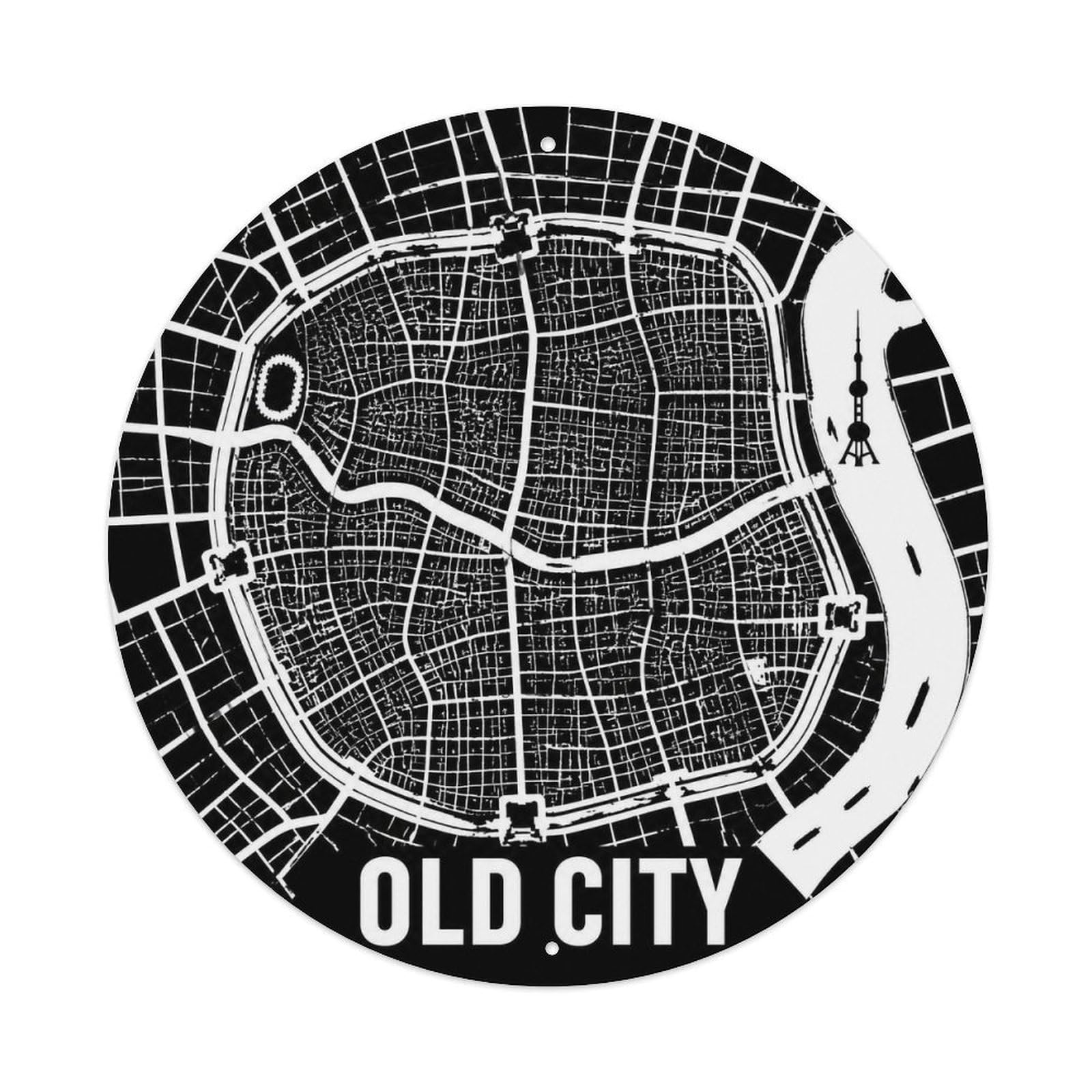 Okngb Style Old City Shanghai Vintage Landmark Riverfront Detail Metal Tin Sign Plaque Wall Decor For Cafe, Man Cave, Club Bar, Office, Home Garden Round Metal Poster 8X8inch