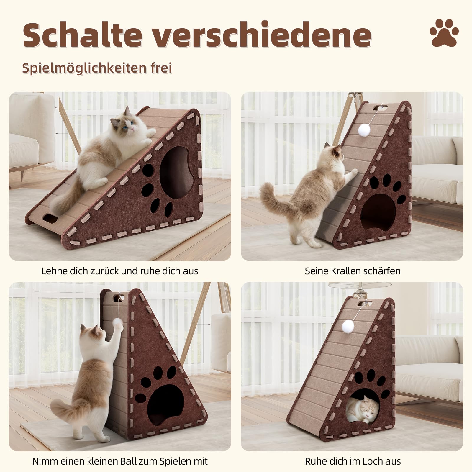 Mittimiya 3-in-1 Filz Kratzbrett Katze, 63 cm Hohe Dreieck kratzbretter Katze mit Ballspielzeug, für Katzen Kratzen Spielen Ausruhen(Braun)