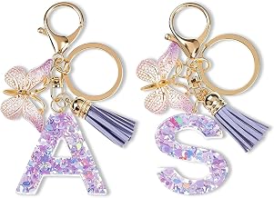 2-Piece Letter Keychain Set - A and S Keychain, Purple Resin Bag Charms for Handbags, Butterfly Tassel Keyring Backpack Accessories
