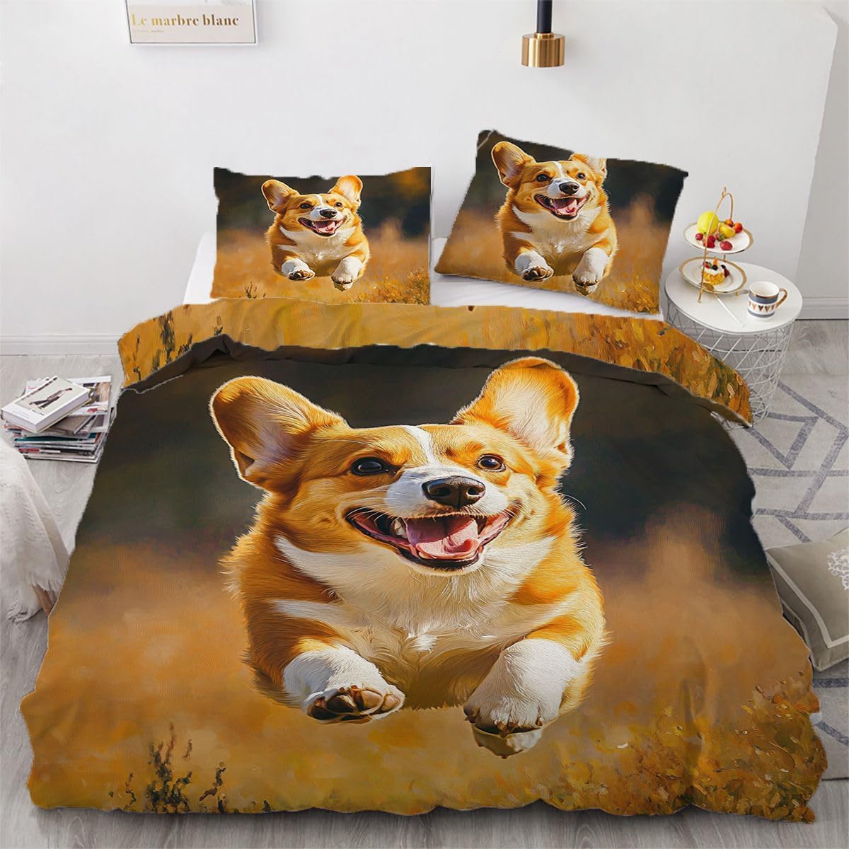 NDXRWDZR Single Bedding Set Yellow Corgi Duvet Cover for Kids Soft Hypoallergenic Microfiber Duvet Cover with Zipper Closure, 1 Duvet Cover 135x200 cm + 2 Pillowcases 50x75 cm