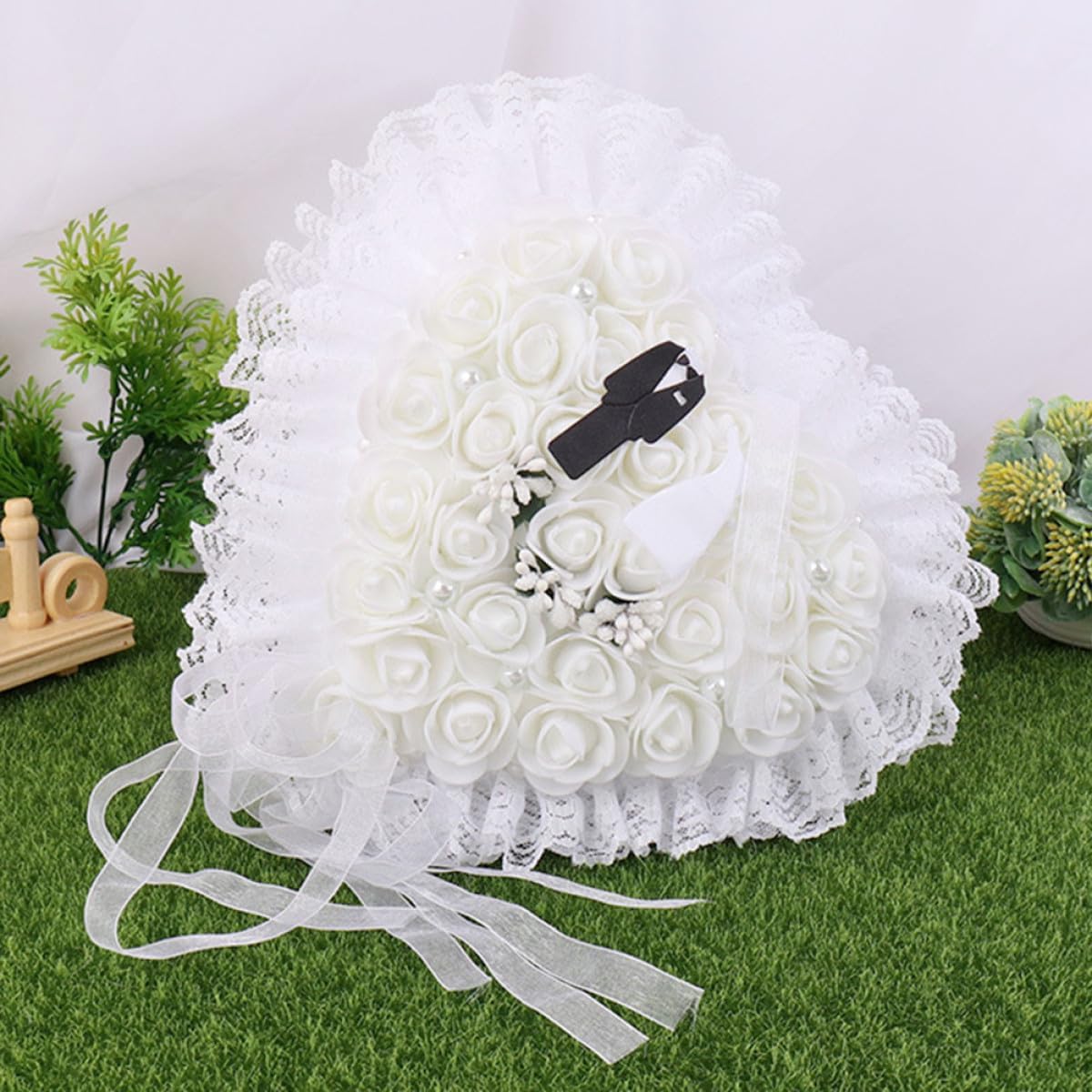Wedding Lace Ring Bearer Pillow Floral Ring Cushion for Bride and Groom Ceremony Party Supplies