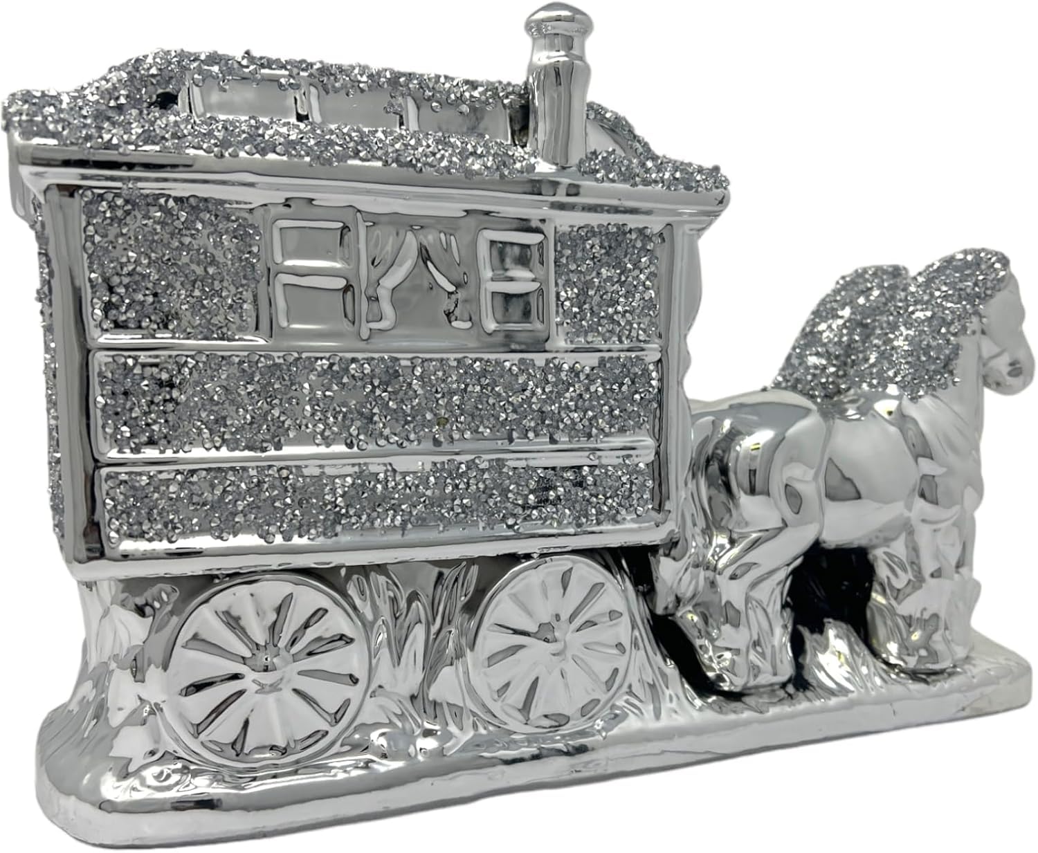 SHABJY Crushed Diamond Silver Horse & Wagon Ornament – Set of 3 Sparkle Bling Animal Figurines | Crystal-Encrusted Horse Sculpture for Home Décor | 35x25x20cm Decorative Shelf Sitter