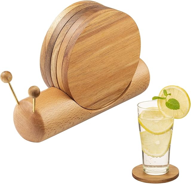 Wooden Coasters Sets for Drink, 4 PCS Pine Wood Coasters with Holder, Snail-Shape Cup Coasters Ideal for Desktop Decoration and Protection