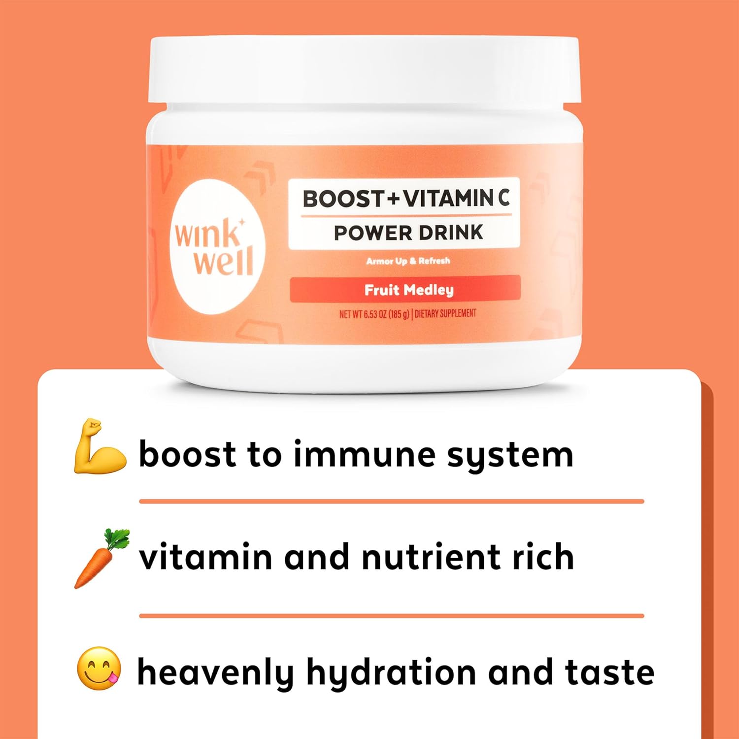 Wink Well Boost Vitamin C Powder Energy Drink for Immune Booster and Antioxidant Contains Vitamin C 100% Pure Ascorbic Acid, Vitamin D3 Cholecalciferol Magnesium, and Zinc 30 Servings