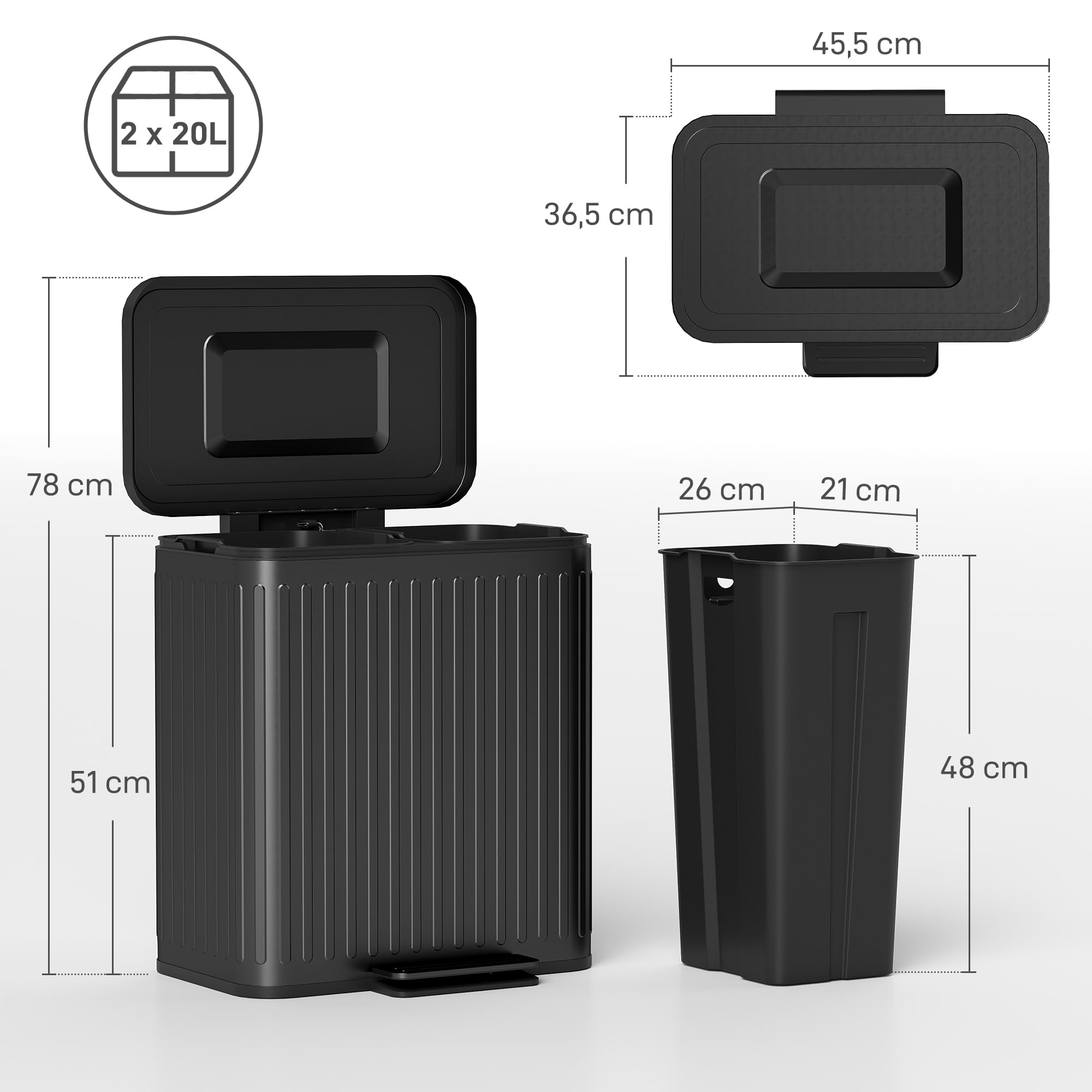 HOMCOM Poubelle à double compartiment 2 x 20L, poubelle de cuisine à pédale tri sélectif, seaux intérieurs amovibles, couvercle fermeture douce, maintien en ouverture, sacs-poubelle, anti-traces, noir
