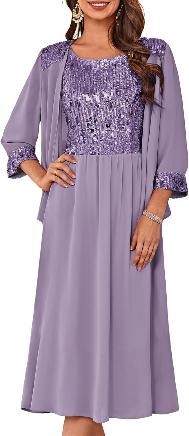 GRACE KARIN Wedding Guest Dress,Mother of The Bride Dresses,Two Piece Formal Sequin Dress with Jacket Tea Length 2026