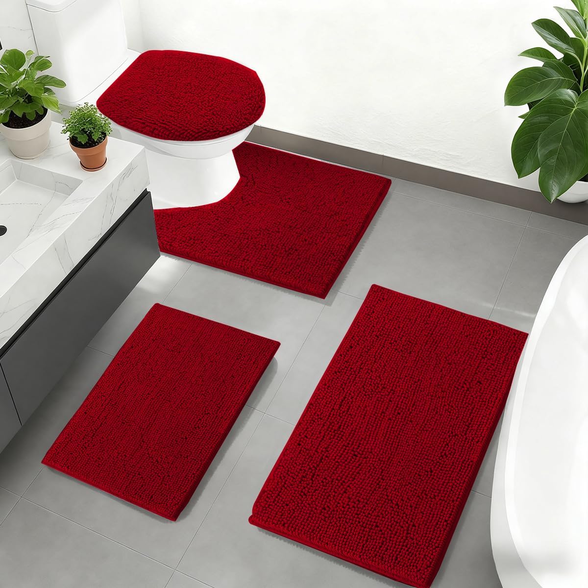 Burgundy Bathroom Rugs Sets 4 Piece with Toilet Lid Cover, Non Slip Bathroom Mats Extra Soft Chenille Bath Rugs Absorbent Shaggy Rugs Perfect Plush Mats U-Shaped Toilet Rug Set Home Decoration