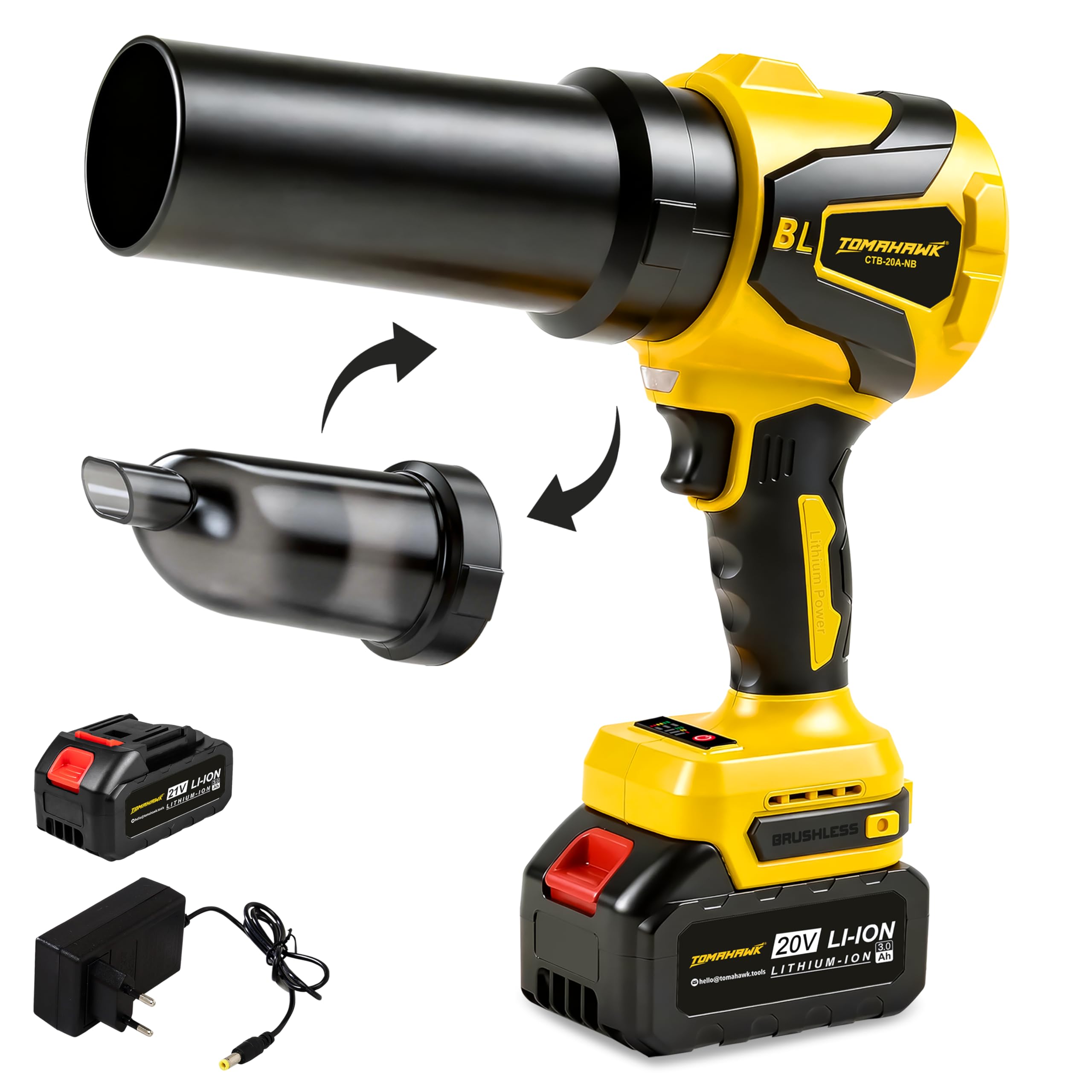 TOMAHAWK® CTB-20A Cordless Turbo Blower with 20V 3.0Ah x 2 Batteries, GS & CE Certified, Air Flow Speed 200km/hr, LED Light & Battery Indicator