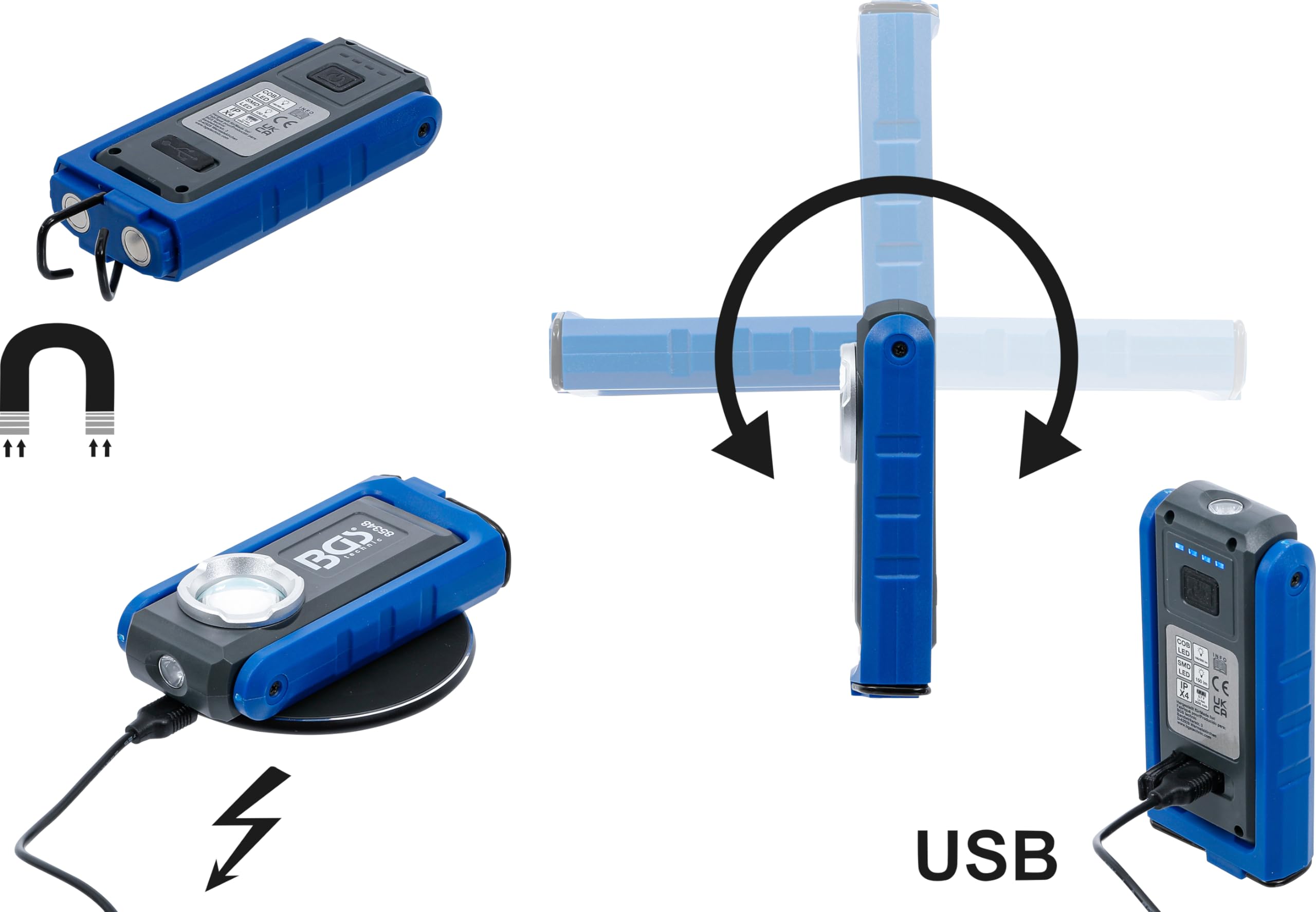 BGS 85348 | Lampa warsztatowa COB LED z magnesem i hakiem | składana | z funkcją ładowania indukcyjnego