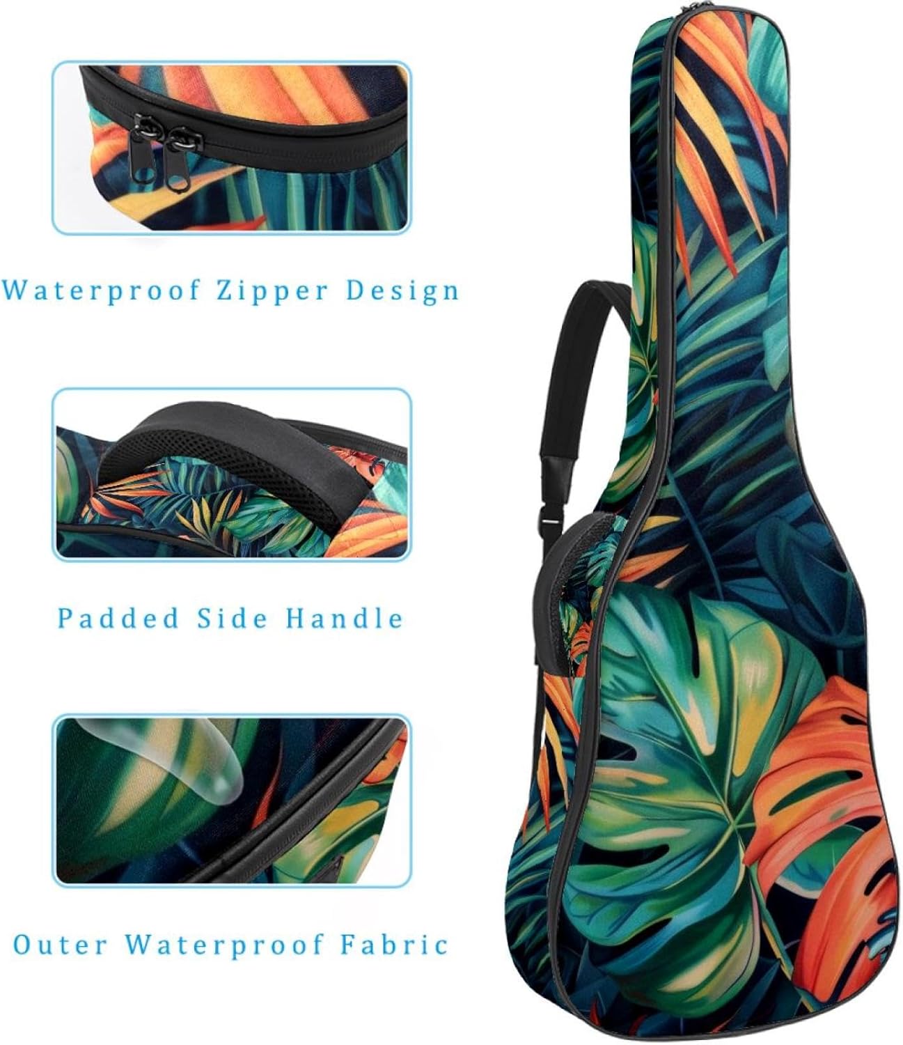 Acoustic Guitar Bag 0.4 Inch Thick Padding Waterproof Guitar Case Gig Bag for 40 41 42 Inch Electric Bass Classical Guitar, Tropical Plants Palm Leaves