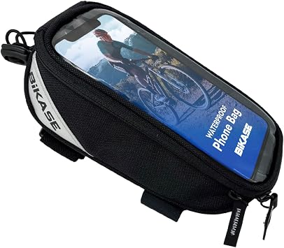 BiKase Beetle Large E-Bike Phone Bag - Water Resistant Nylon Phone Mount for Bicycles, Fits iPhone 15/14/13 Max & Samsung Galaxy, Easy Install Top Tube Cell Holder for Ebikes