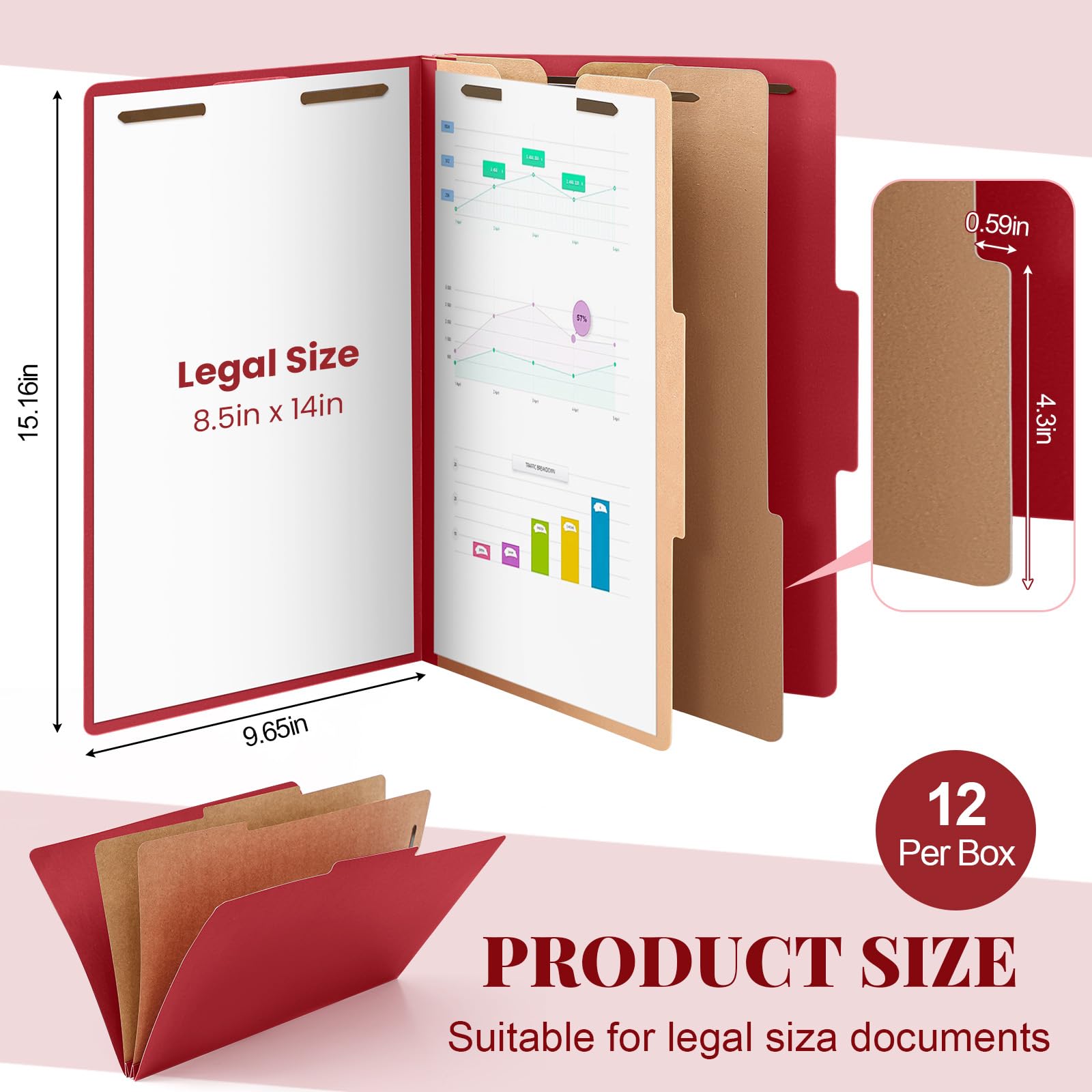 AmazingSpark 12 cartelle di classificazione di dimensioni legali, 2 divisori in cartone pressato, con espansione da 8,9 cm, chiusura a 2 rebbi, organizer resistente per ufficio, insegnanti, scuola di