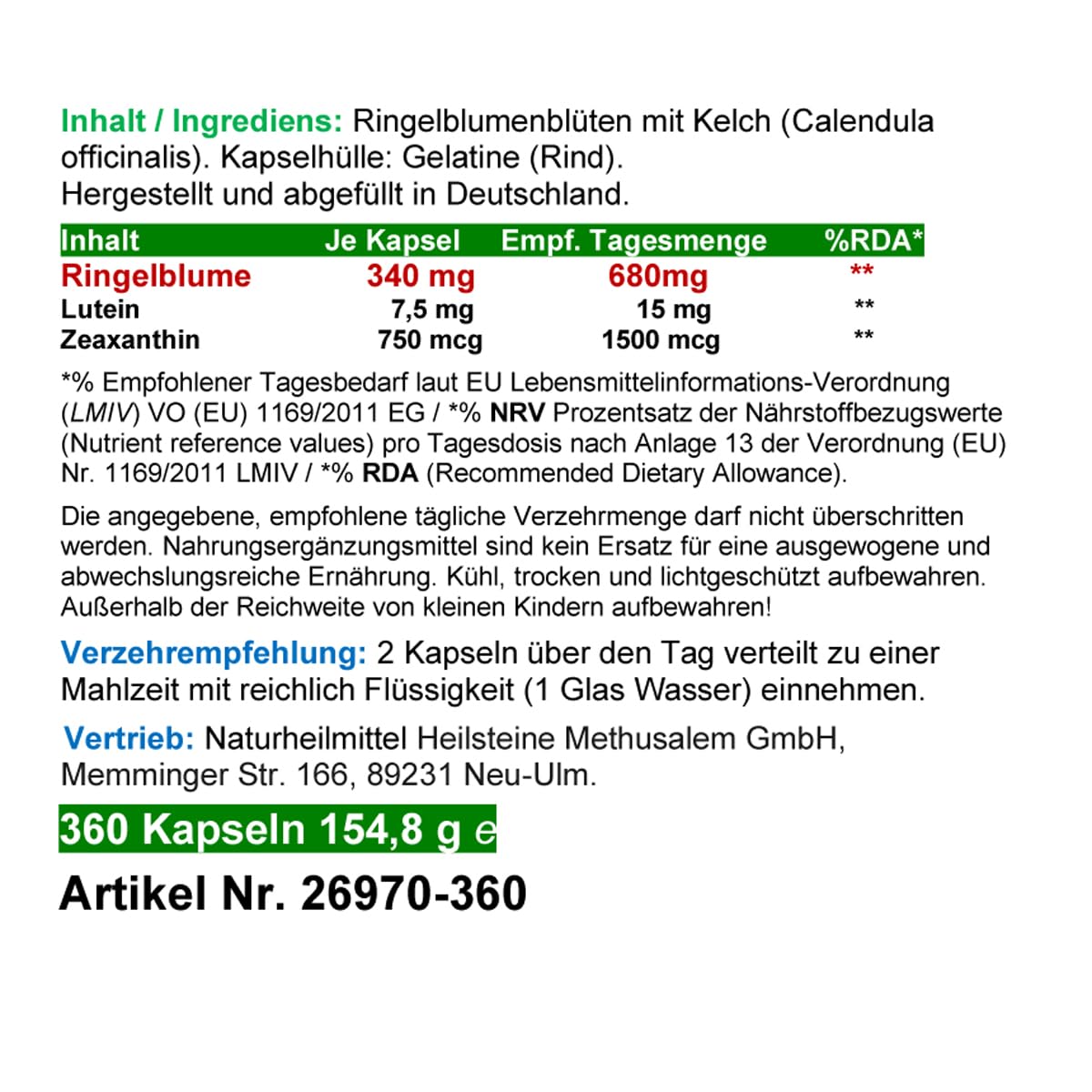 RINGELBLUME AUGEN Vitamine Lutein & Zeaxanthin Sehkraft VITAL COMPLEX + Netzhaut Maculapigmente - 1080 (3x360) Kapseln - Natur pur - OHNE ZUSATZSTOFFE. 26970-7