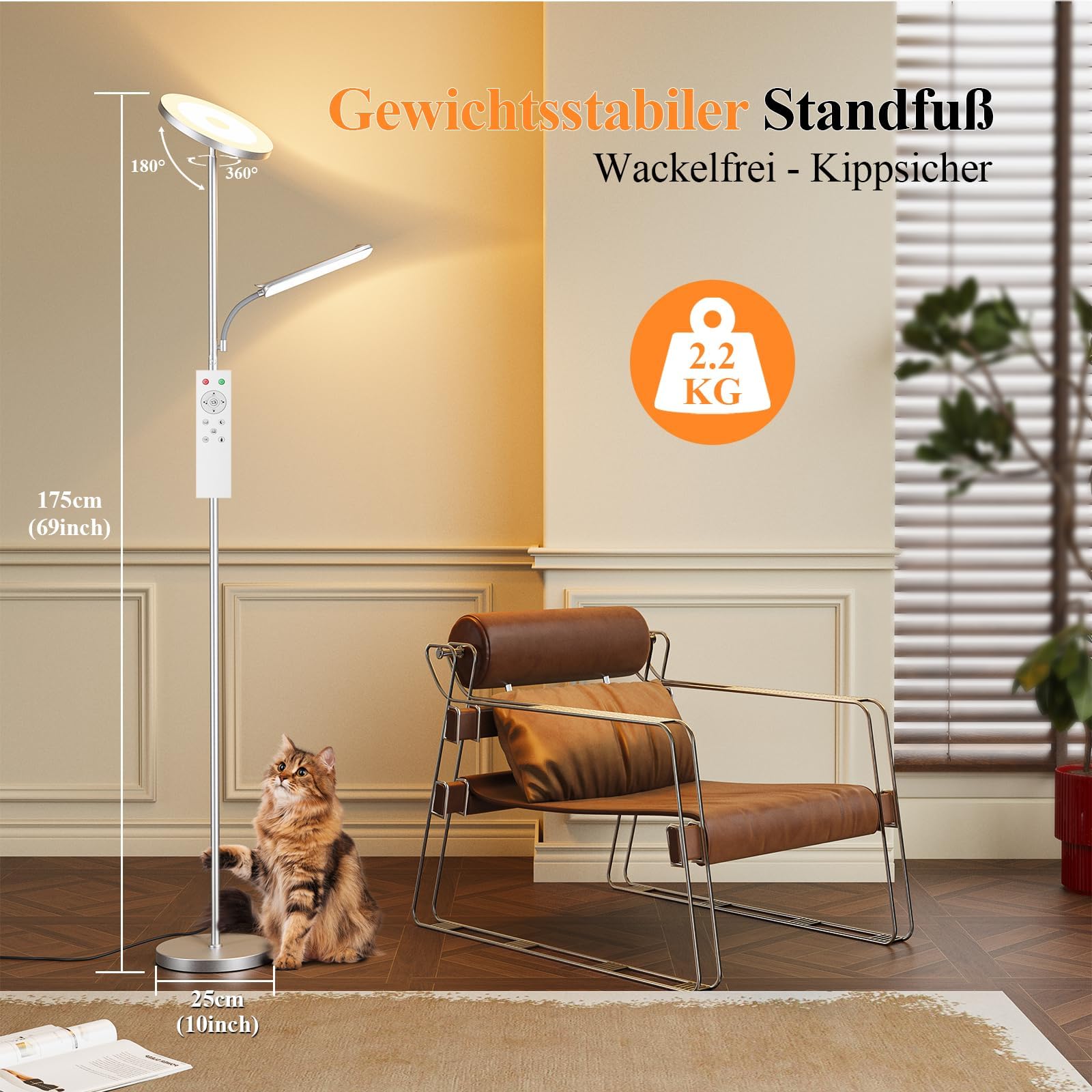 Lampa podłogowa LED z możliwością ściemniania, 42 W/4000 lm, lampa stojąca, salon z czytnikiem, lampa z 2700-6500 K. Bezstopniowa ściemnialność, pilot zdalnego sterowania i sterowanie dotykowe