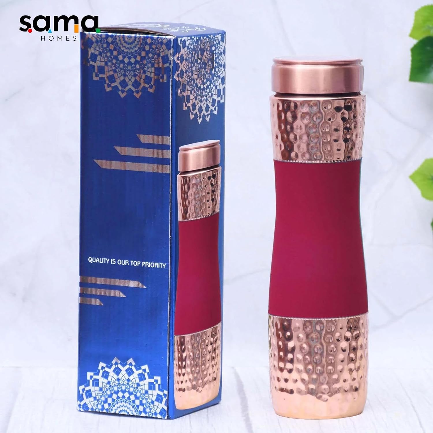 Pure Copper Water Bottle Silk Red Cherry Half Hammered Capacity 1000ML Red Cherry Copper 2.83x10.6 Inch