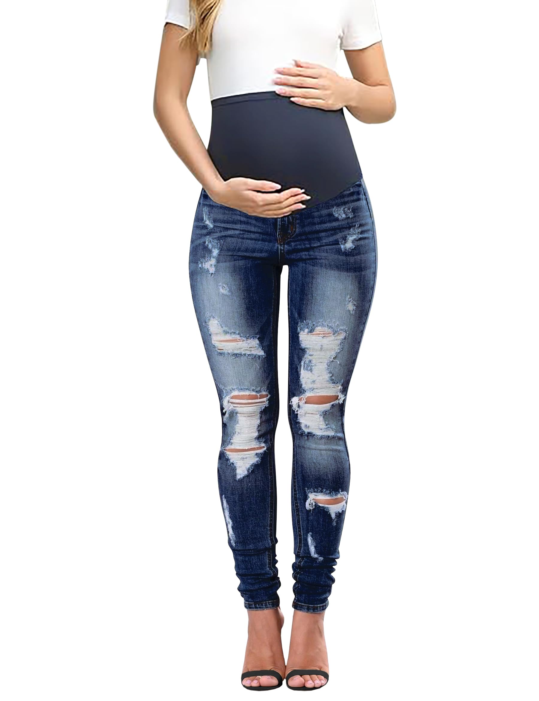 Fengbay Damen Umstandsjeans Über Bauch Stretch Denim Slim Fit Umstandshose Jeans Casual Zerrissene Schwangerschaftshose Jeans