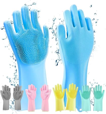 SAMRUKZONE SRZ Silicone Gloves, Cleaning Gloves, Silicon Hand Gloves for Kitchen Dishwashing and Pet Grooming, Great for Washing Dish, Car, Bathroom (Pack of 4 - Two Pairs Blue)