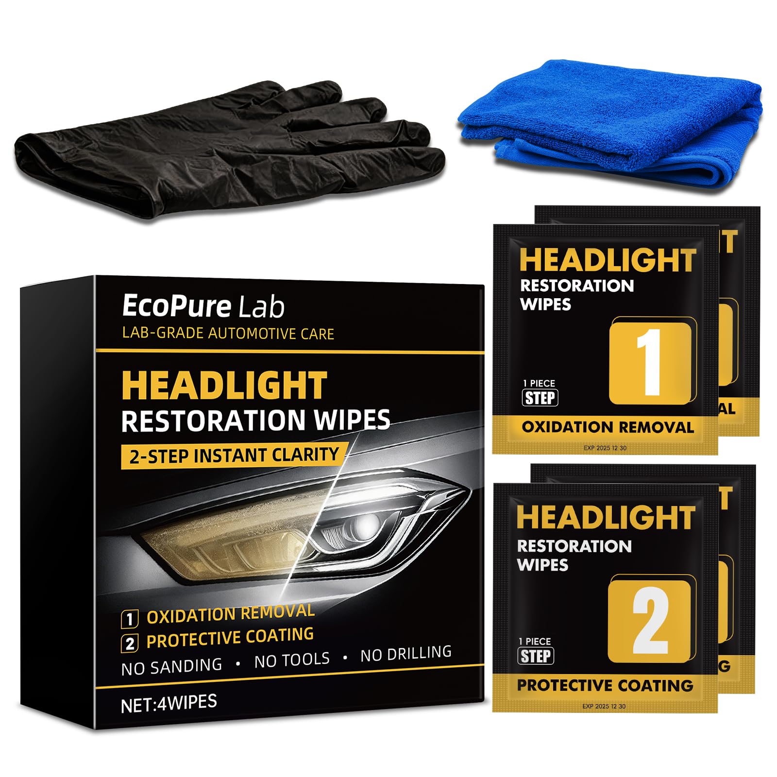 EcoPure Lab 2-Step Headlight Restoration Wipes–No Sanding Car Headlight Restoration Kit with Oxidation Remover&Ceramic Coating,UV Protection,Restore Clear Polycarbonate Lenses(1 Pack) - 2