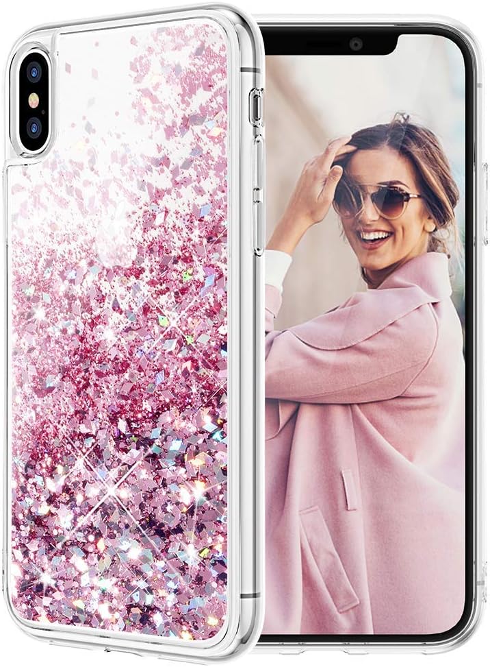 Caka iPhone Xs Max Case, iPhone Xs Max Glitter Case with Tempered Glass Screen Protector Bling Flowing Floating Luxury Glitter Sparkle Soft TPU Liquid Case for iPhone Xs Max (6.5 inch) (Rose Gold)