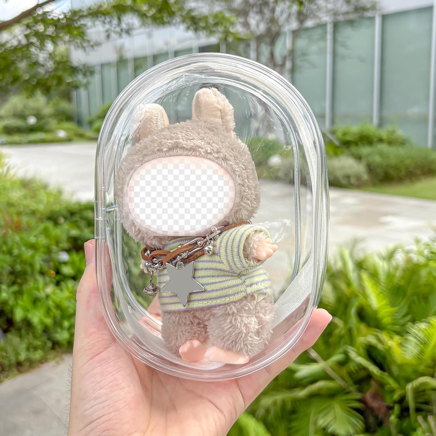 Clear Figure Display Case, Protective Case for Plush Doll Storage Bag PVC Hanging Doll Cover Pouch with Keychain for 17cm Dolls Accessories.(White)