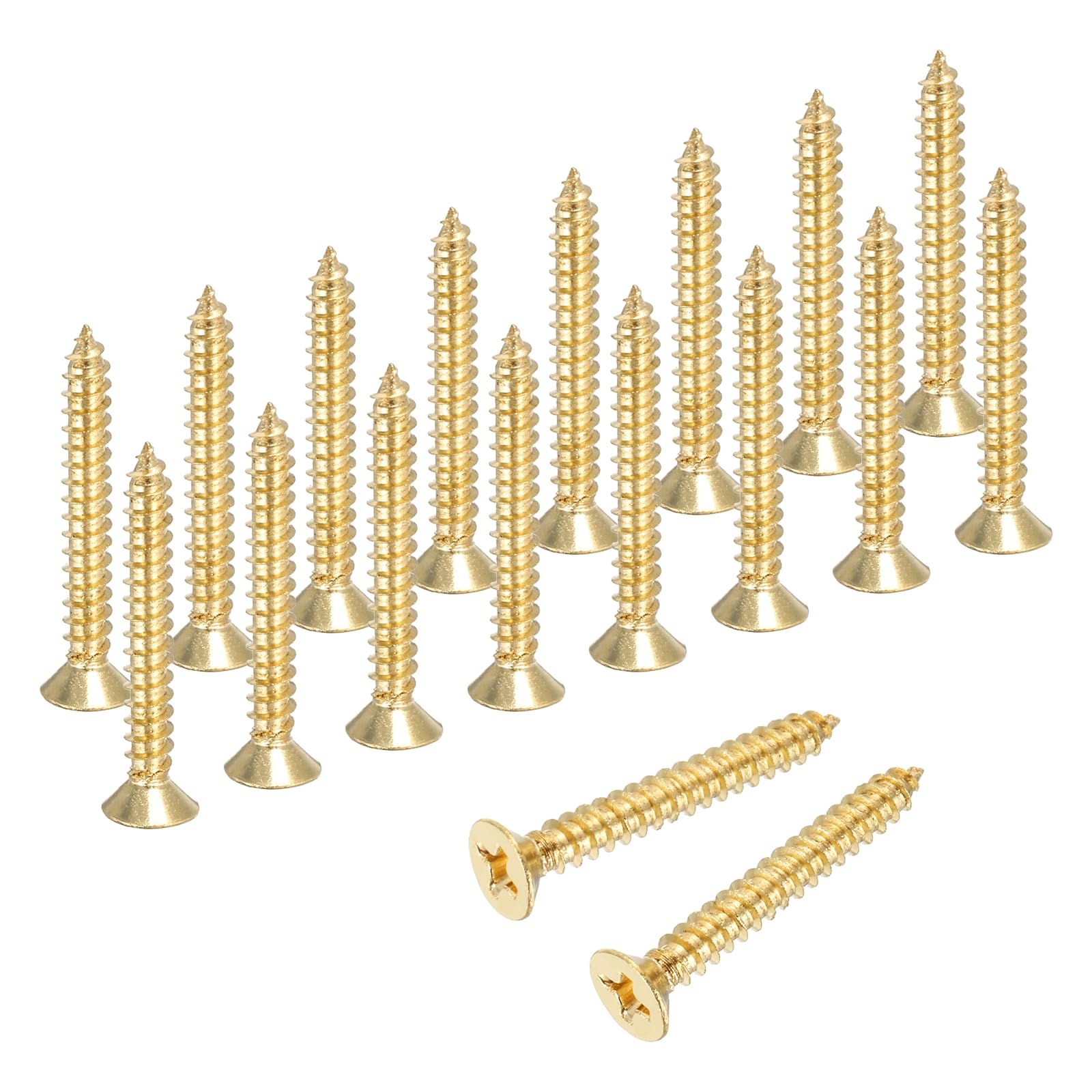 sourcing map Brass Phillips Wood Screws, M3.5 x 25mm Brass Phillips Flat Wood Screws Self-Tapping Furniture Connector for Door Hinges, Wood Crafts and DIY Projects,(Gold Tone, Pack of 18)