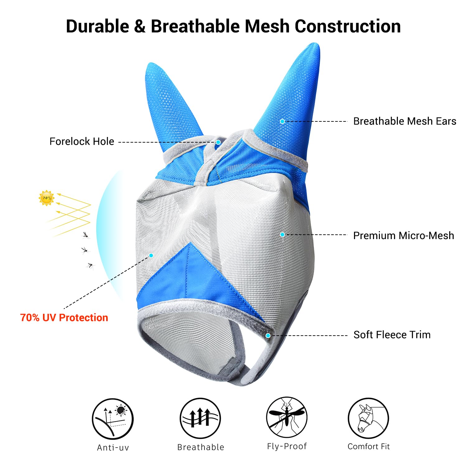Máscara de mosca de caballo, máscaras ajustables para caballos con orejas, transpirable y protección UV, malla cómoda sin cubierta de nariz, accesorios para caballos (gris, azul, grande)