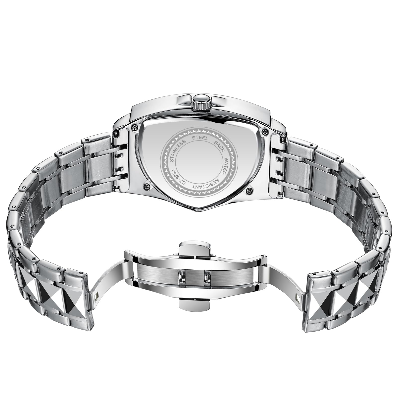 JewelryWe Reloj de Hombre Cuarzo Analógico: Caja Triangular, Correa de Acero Inoxidable, Agujas Luminosas, Índices Luminosos, Calendario, Resistente al Agua, Reloj Negocios,Regalos para Hombres