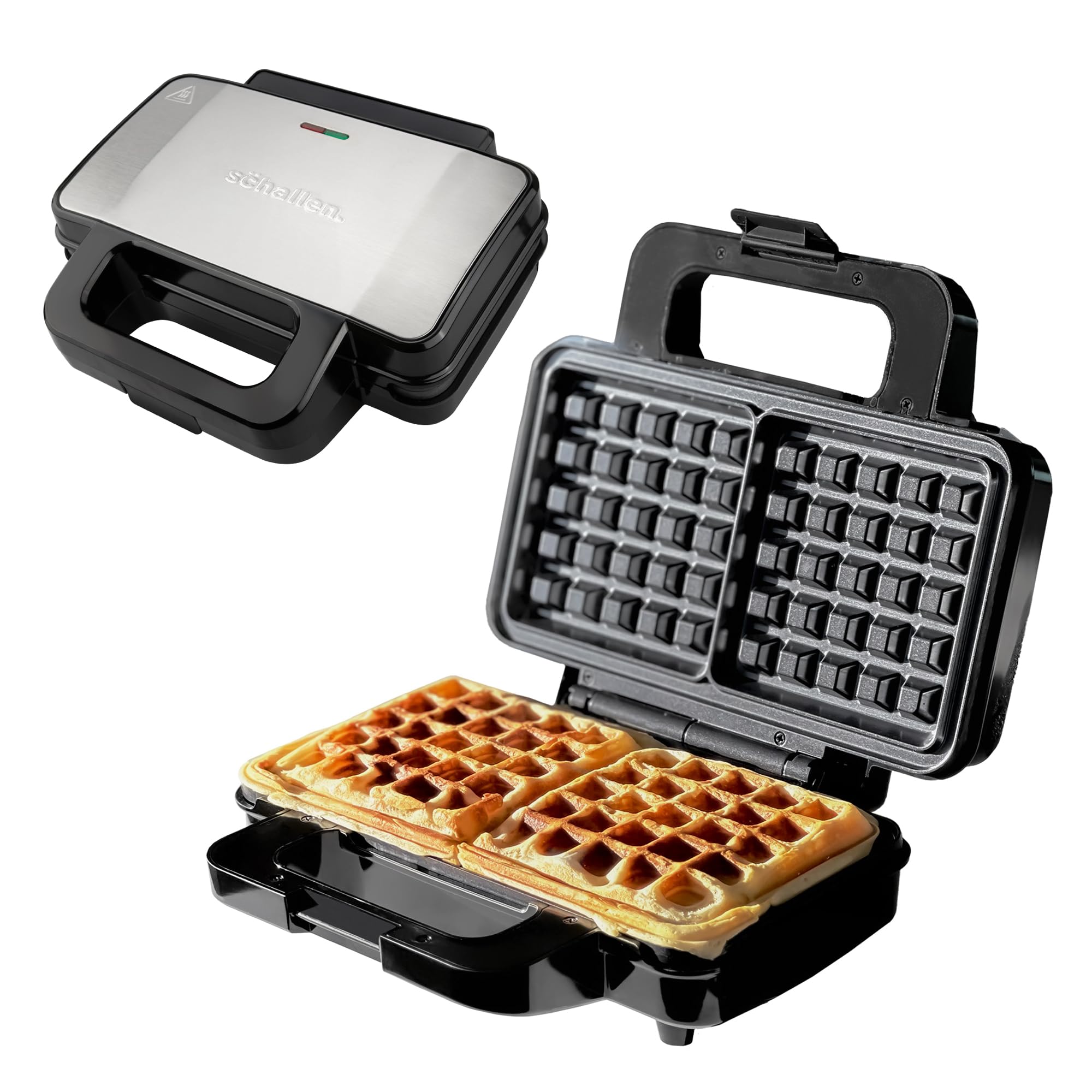 Schallen Waffler Maker | Large 2 Slice Square Non-Stick Hot Plates | Temperature Controlled Belgian Waffle Making Machine for Breakfast or Snacks | Stainless Steel | Black & Silver